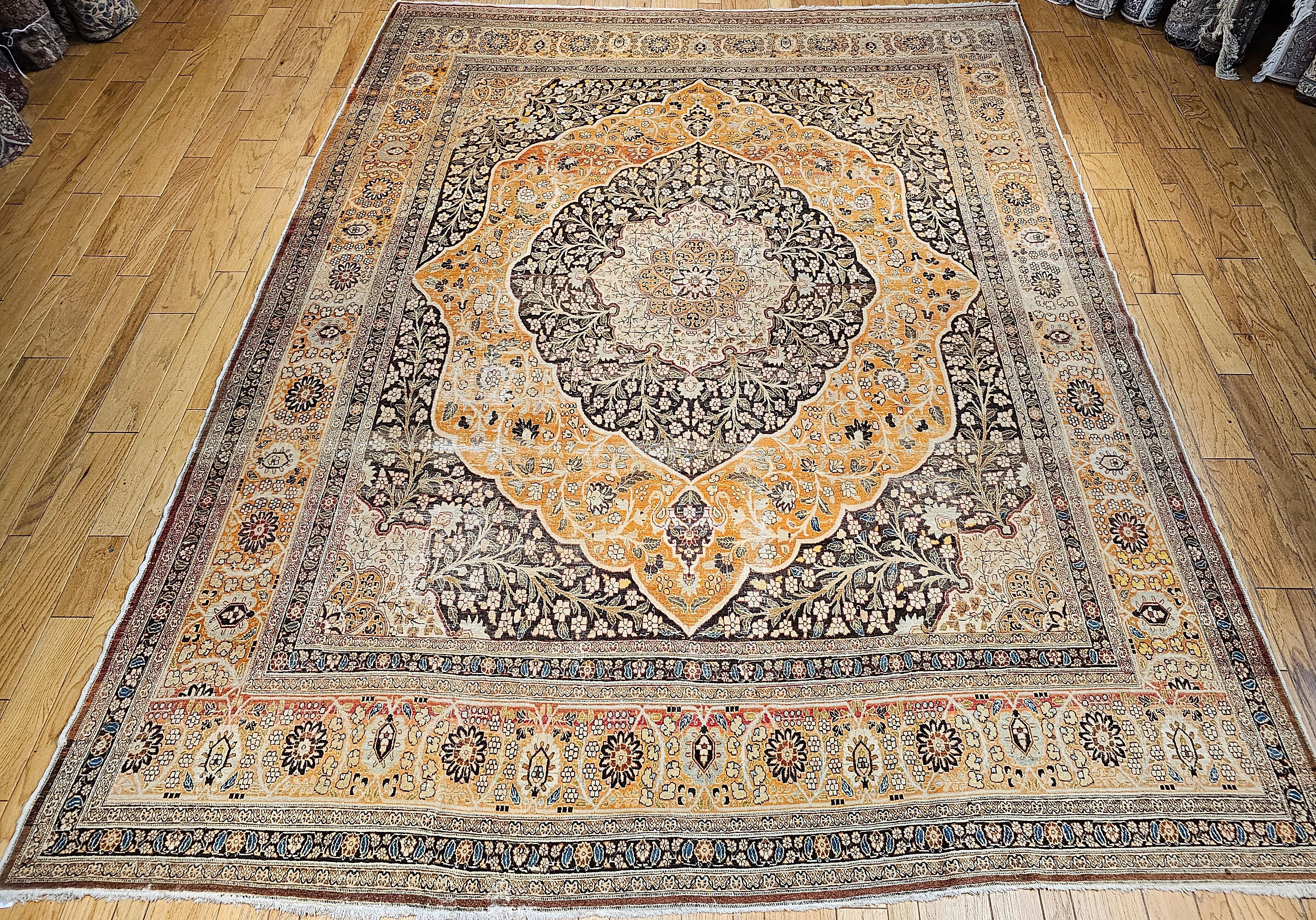 Vintage Oversized Persian Tabriz in Coral, Brown, Honey, Yellow, Blue For Sale 13