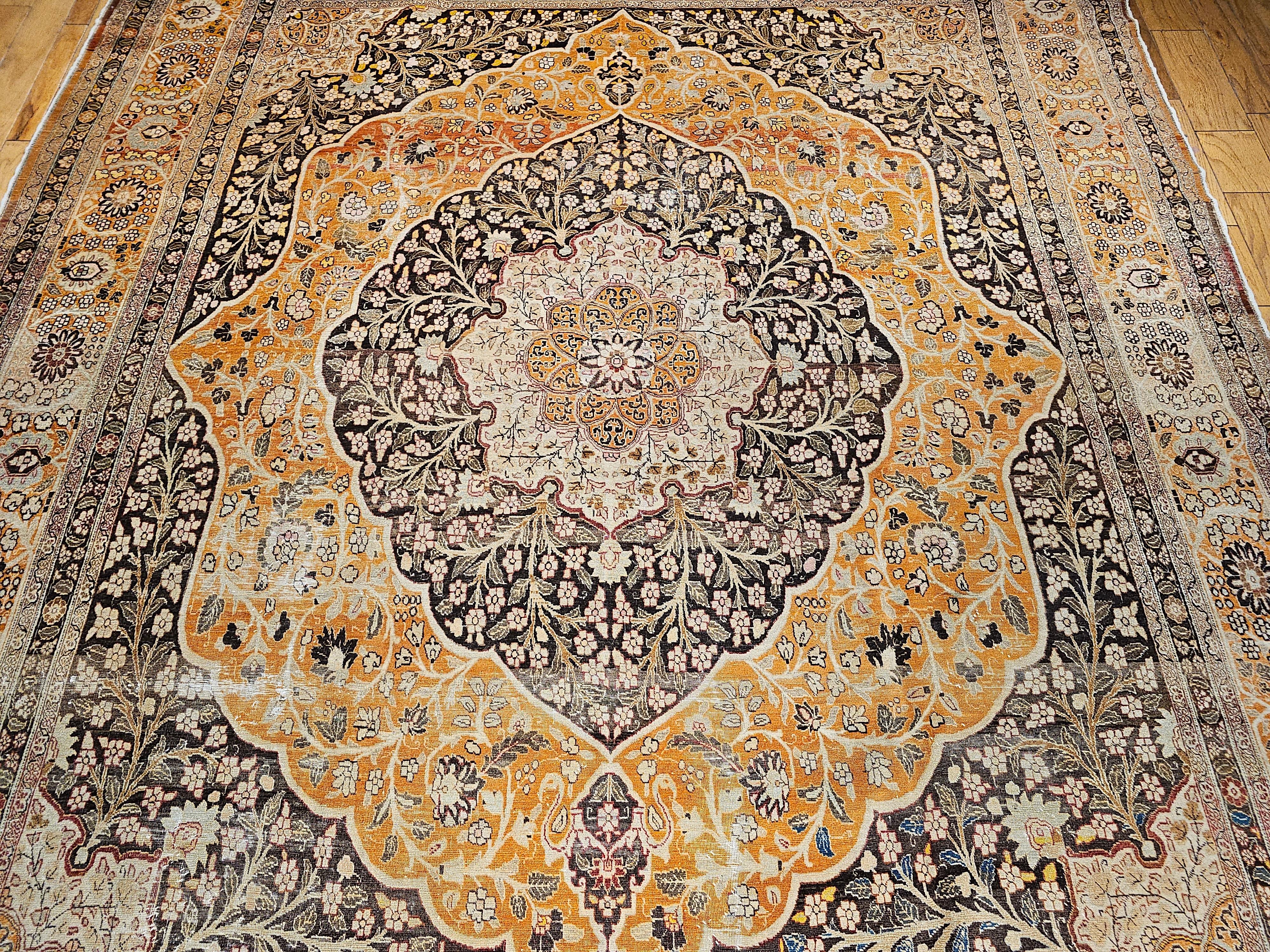Vintage Oversized Persian Tabriz in Coral, Brown, Honey, Yellow, Blue In Good Condition For Sale In Barrington, IL