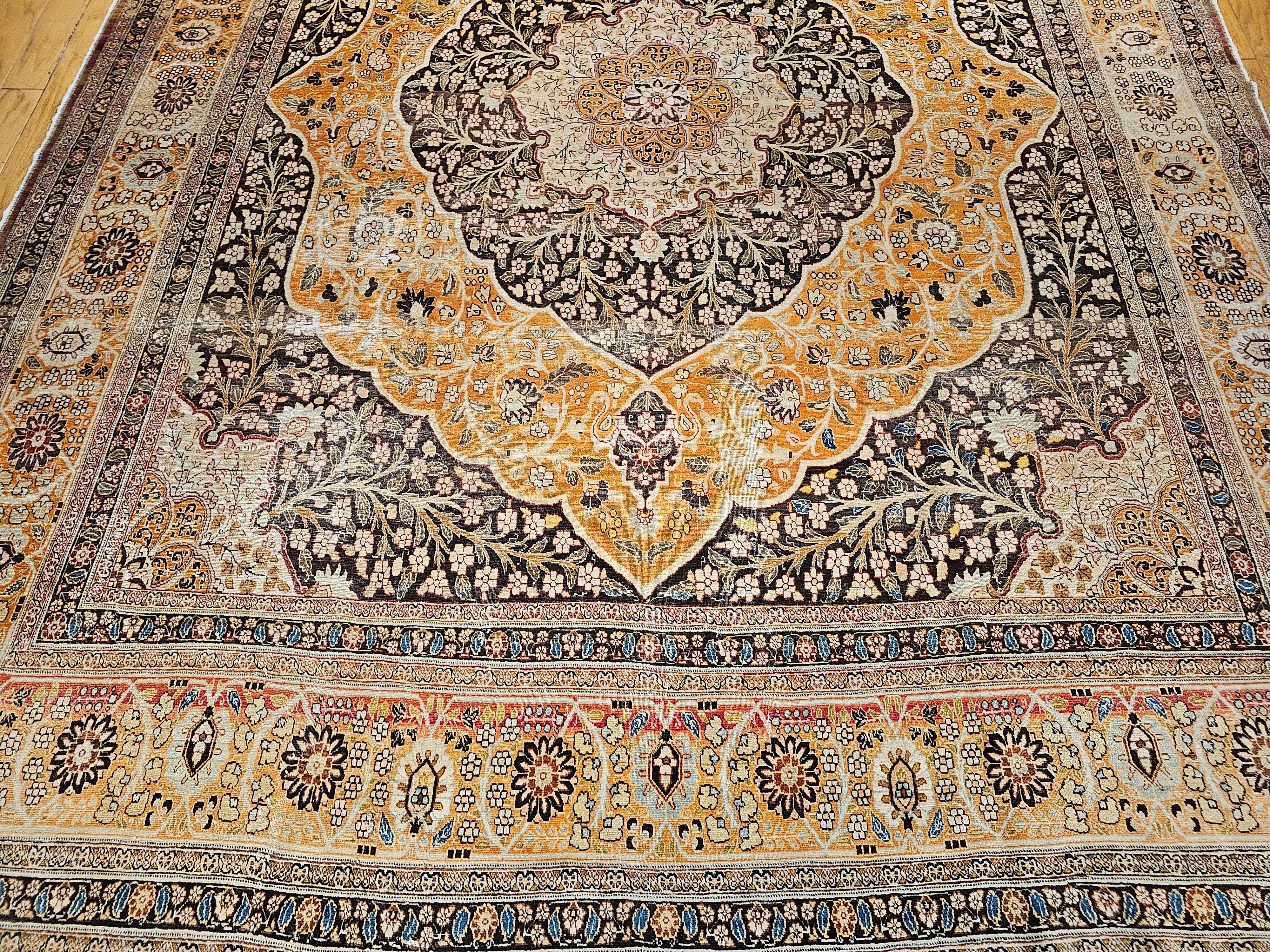 20th Century Vintage Oversized Persian Tabriz in Coral, Brown, Honey, Yellow, Blue For Sale