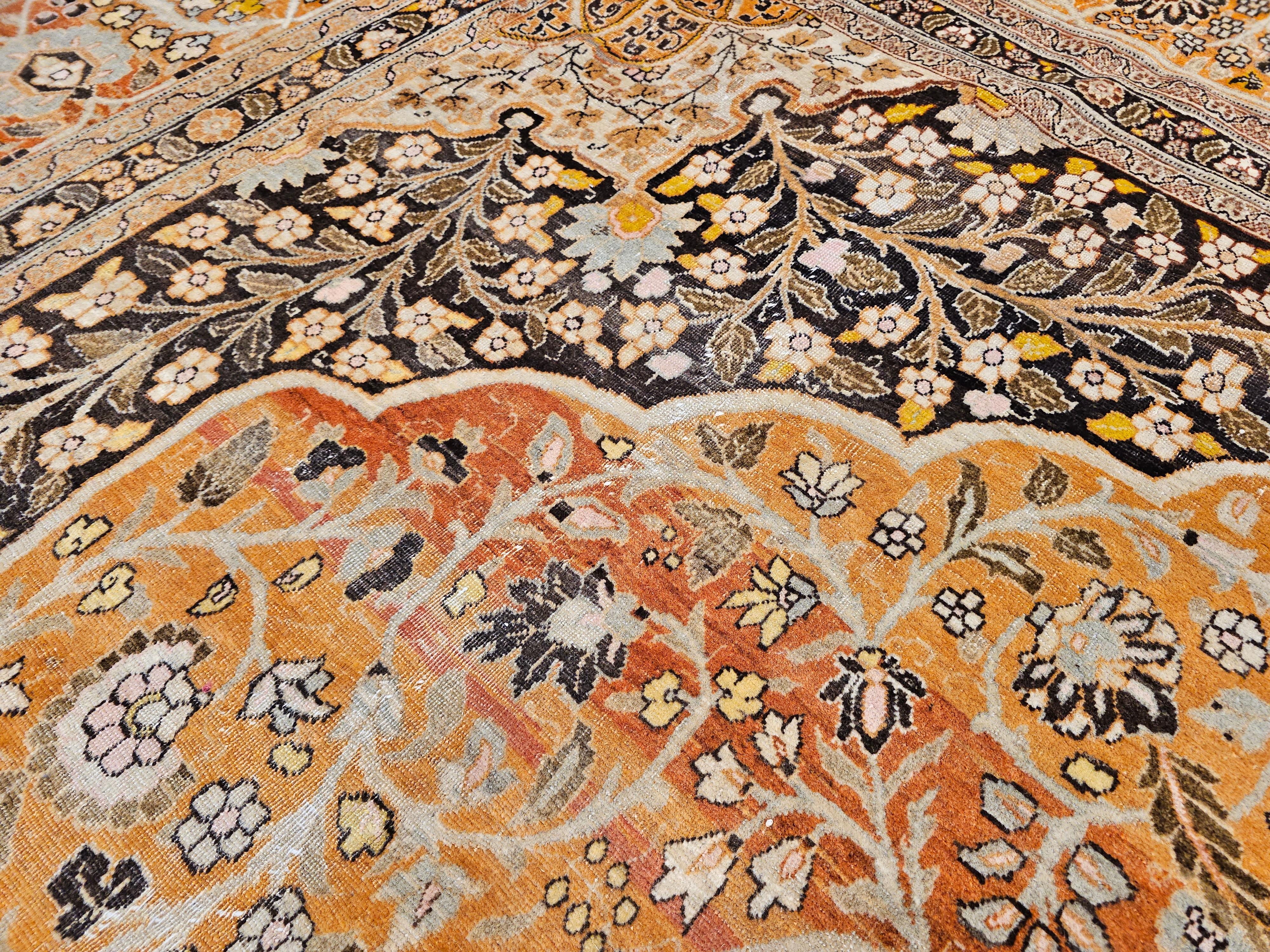 Wool Vintage Oversized Persian Tabriz in Coral, Brown, Honey, Yellow, Blue For Sale