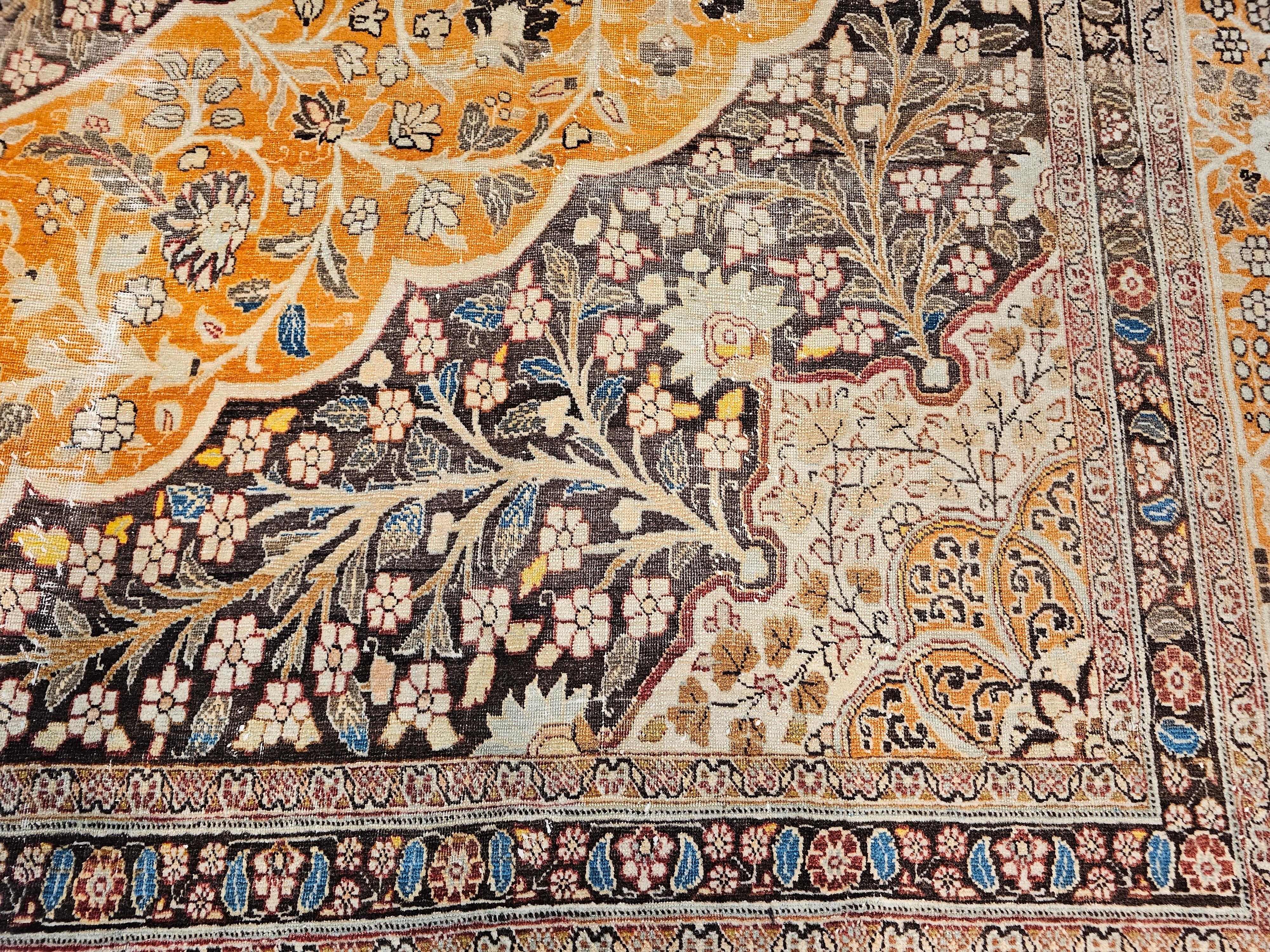 Vintage Oversized Persian Tabriz in Coral, Brown, Honey, Yellow, Blue For Sale 2