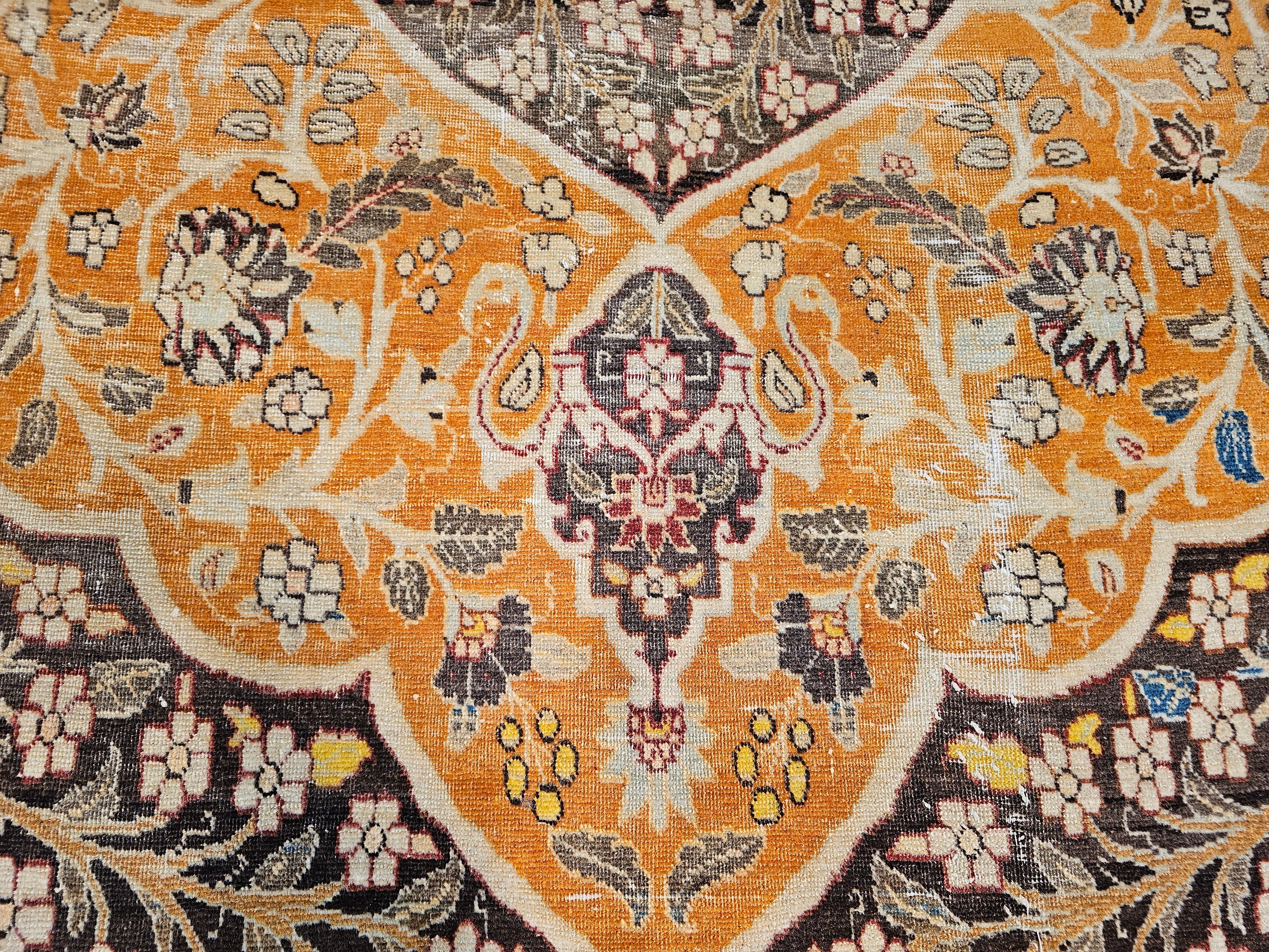 Vintage Oversized Persian Tabriz in Coral, Brown, Honey, Yellow, Blue For Sale 3