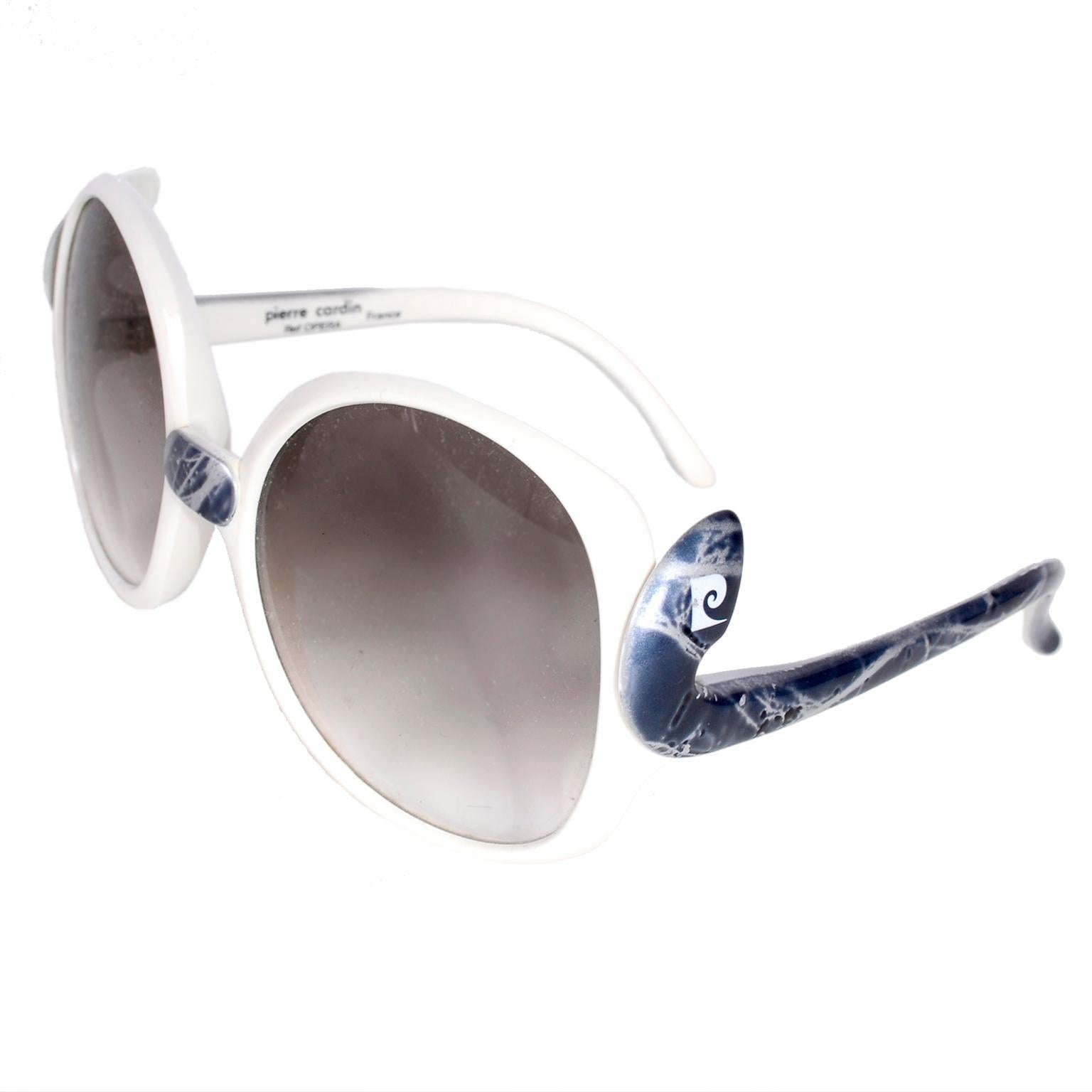 Vintage Oversized Pierre Cardin Sunglasses in White w/ Faux Marble Blue Trim