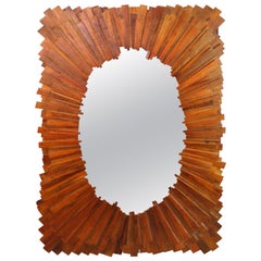 Vintage Oversized Rectangular Wood Sunburst Mirror