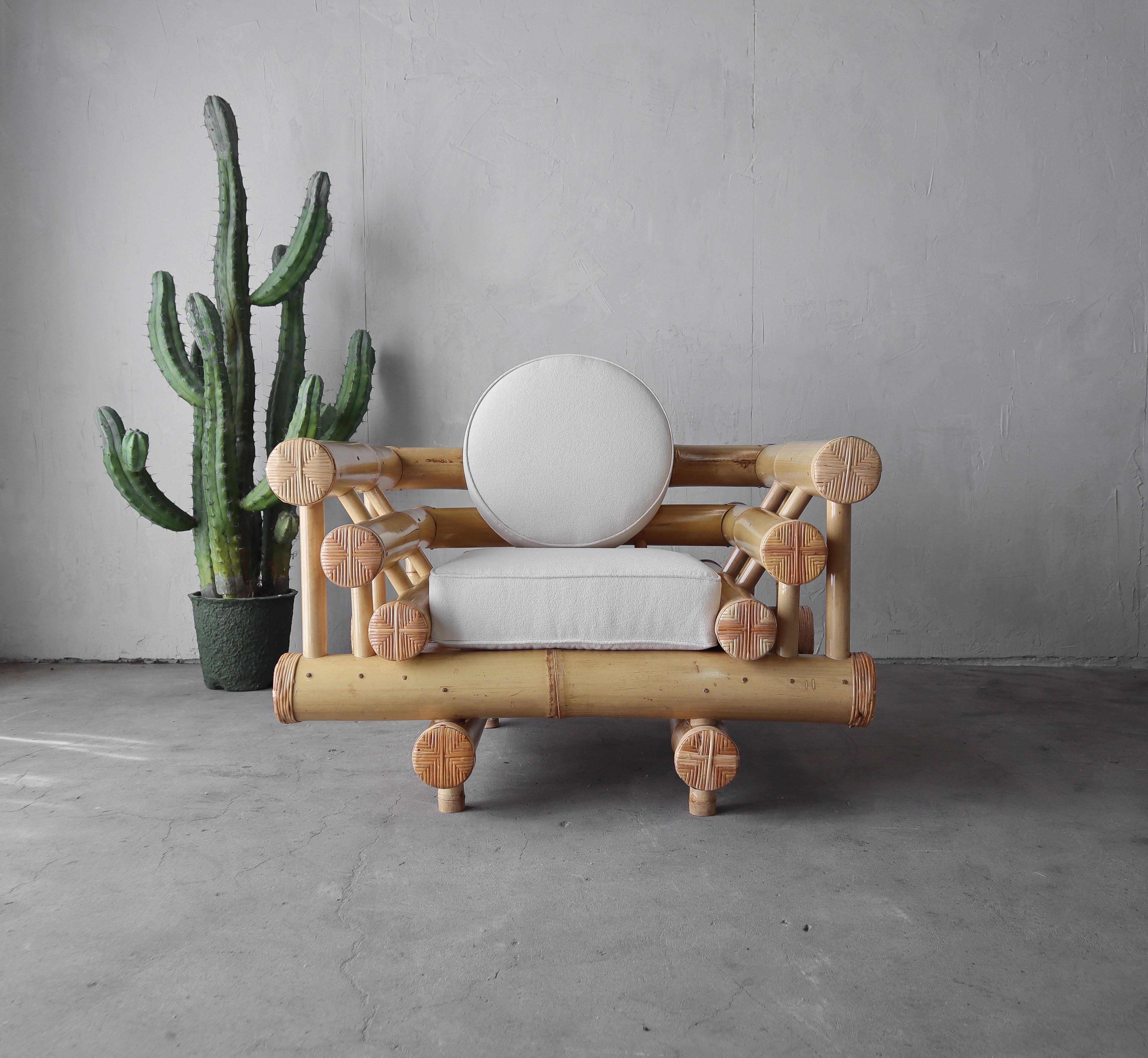 What a unique and special chair. The oversized bamboo really makes this massive vintage lounge chair a super cool and artistic piece. If you have been looking for real statement piece, look no further.

Foam and fabric are all new. The bamboo is