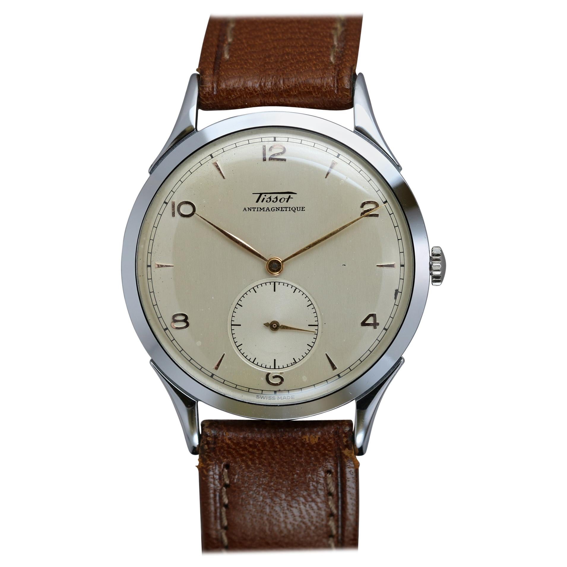 Vintage Oversized Stainless Steel Tissot Antimag Ref 6721 4 Wristwatch 1950