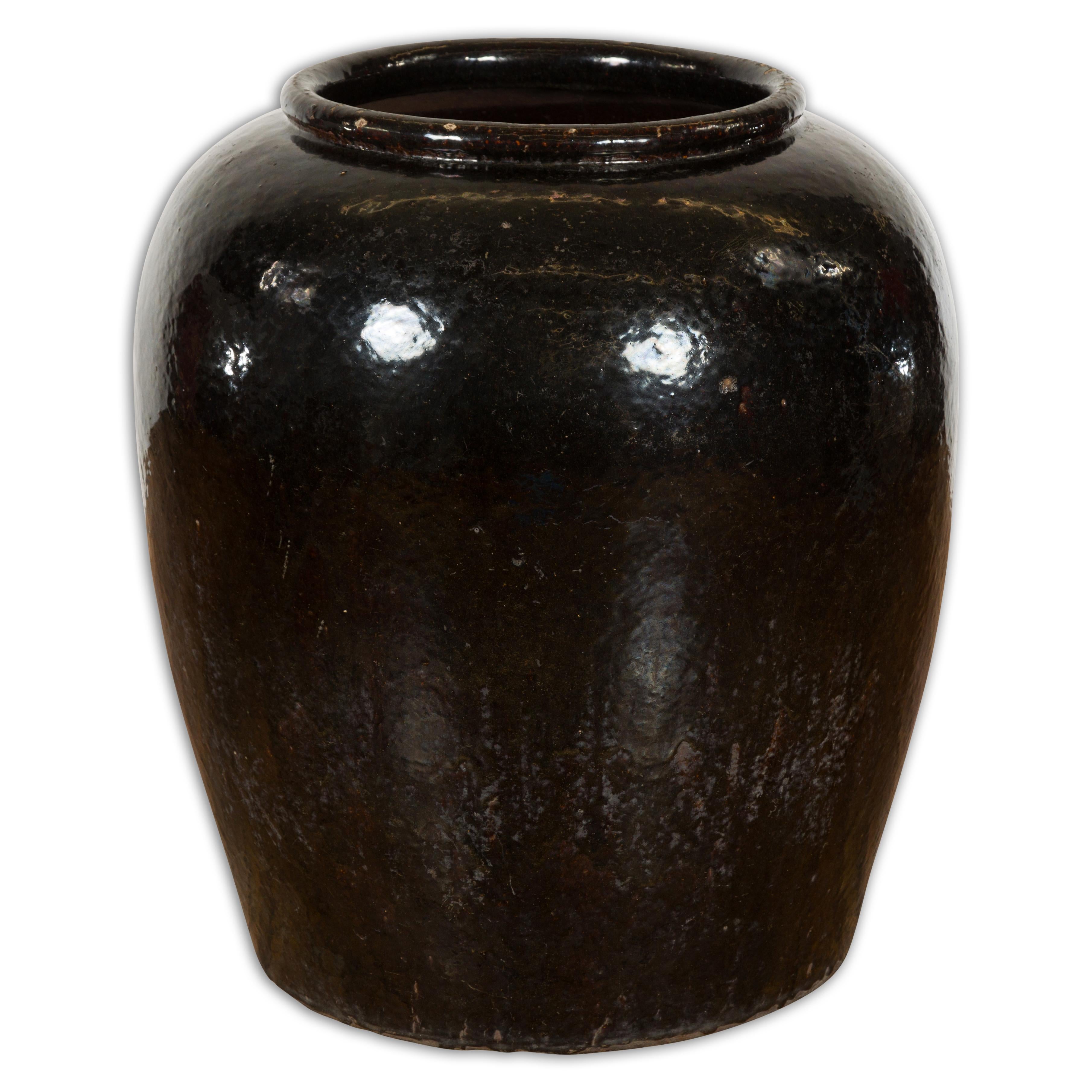 Vintage Oversized Thai Black Glazed Ceramic Planter with Brown Accents 9