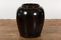 Vintage Oversized Thai Black Glazed Ceramic Planter with Brown Accents