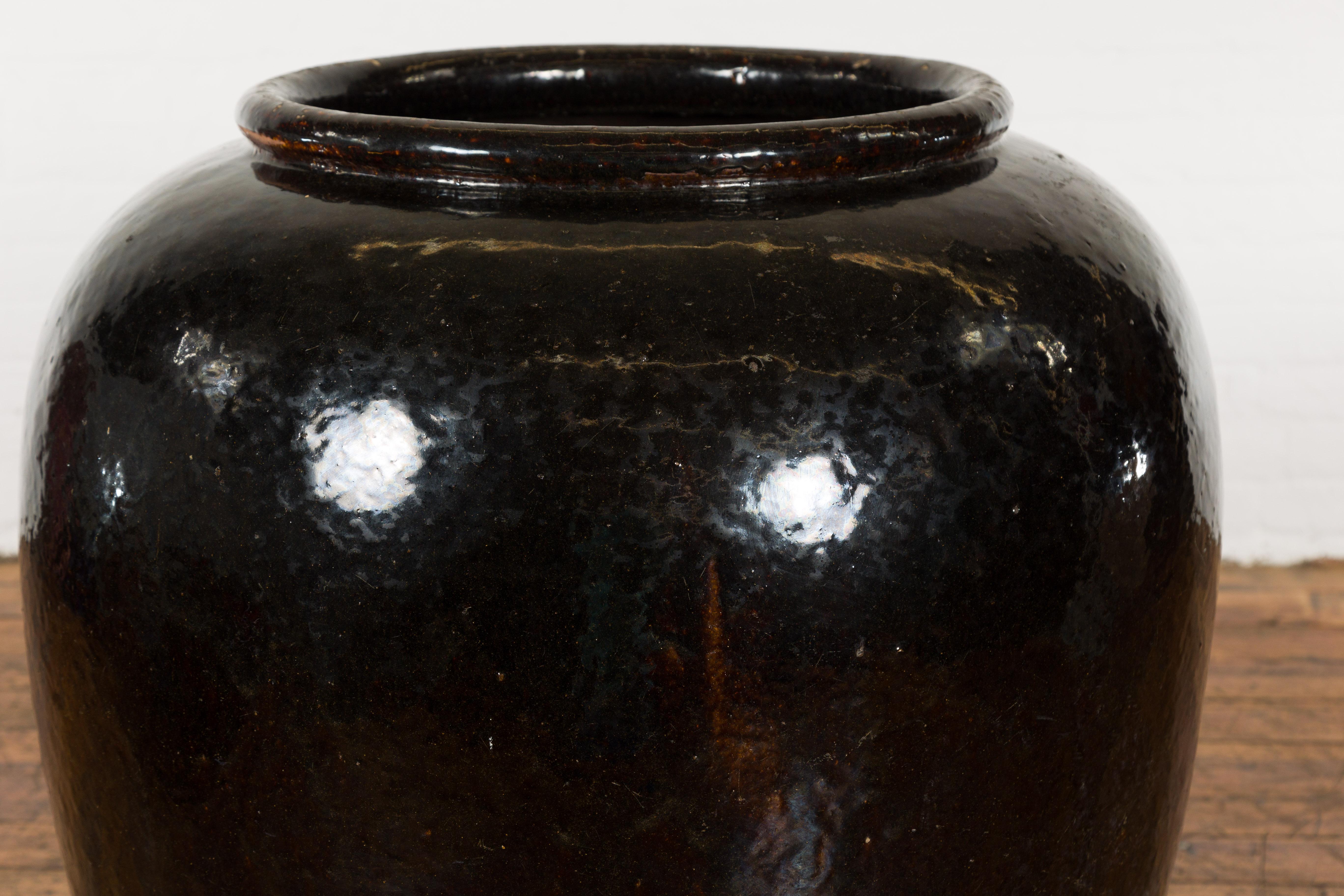 20th Century Vintage Oversized Thai Black Glazed Ceramic Planter with Brown Accents For Sale