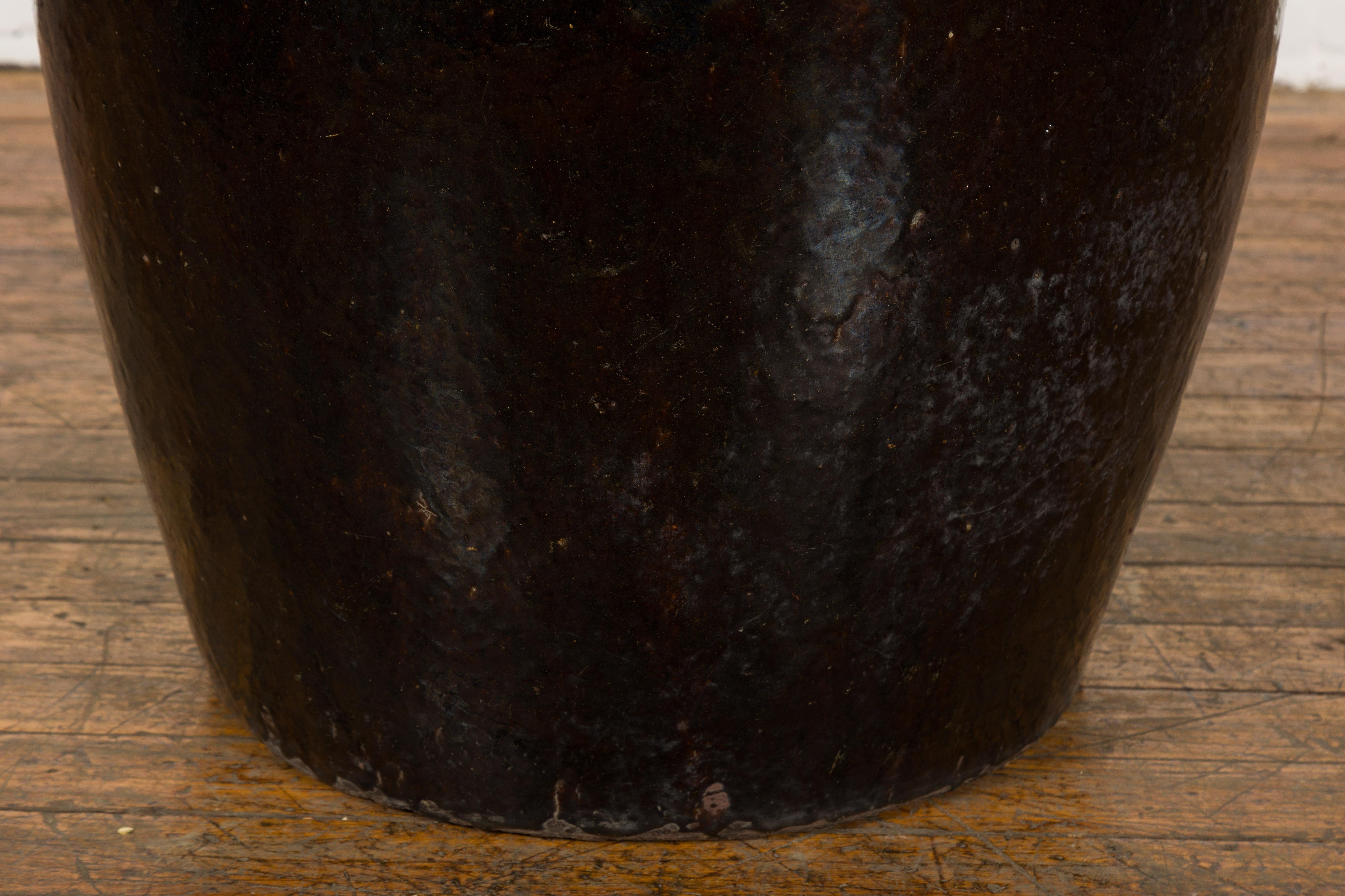 Vintage Oversized Thai Black Glazed Ceramic Planter with Brown Accents 2