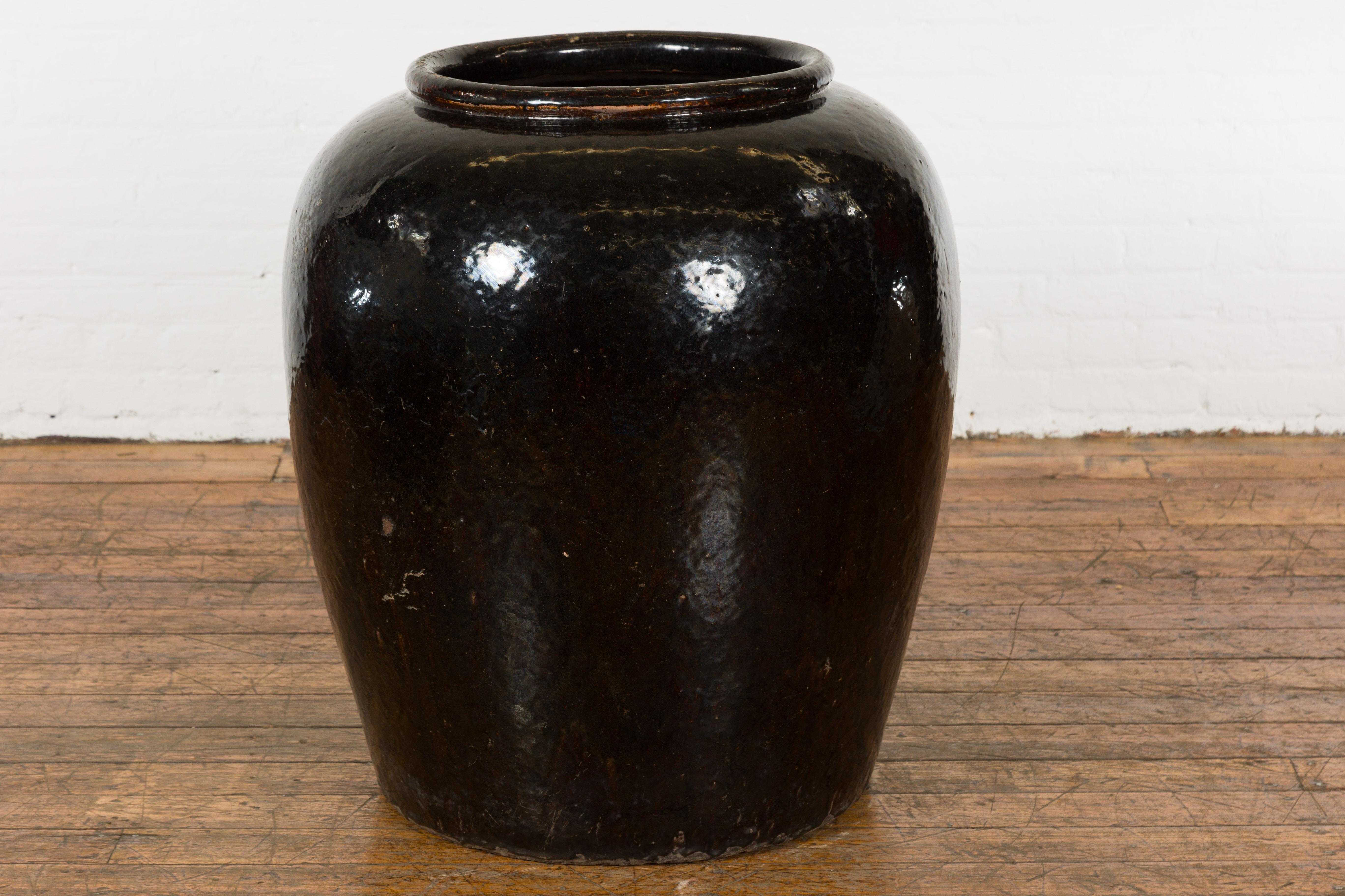 Vintage Oversized Thai Black Glazed Ceramic Planter with Brown Accents 3