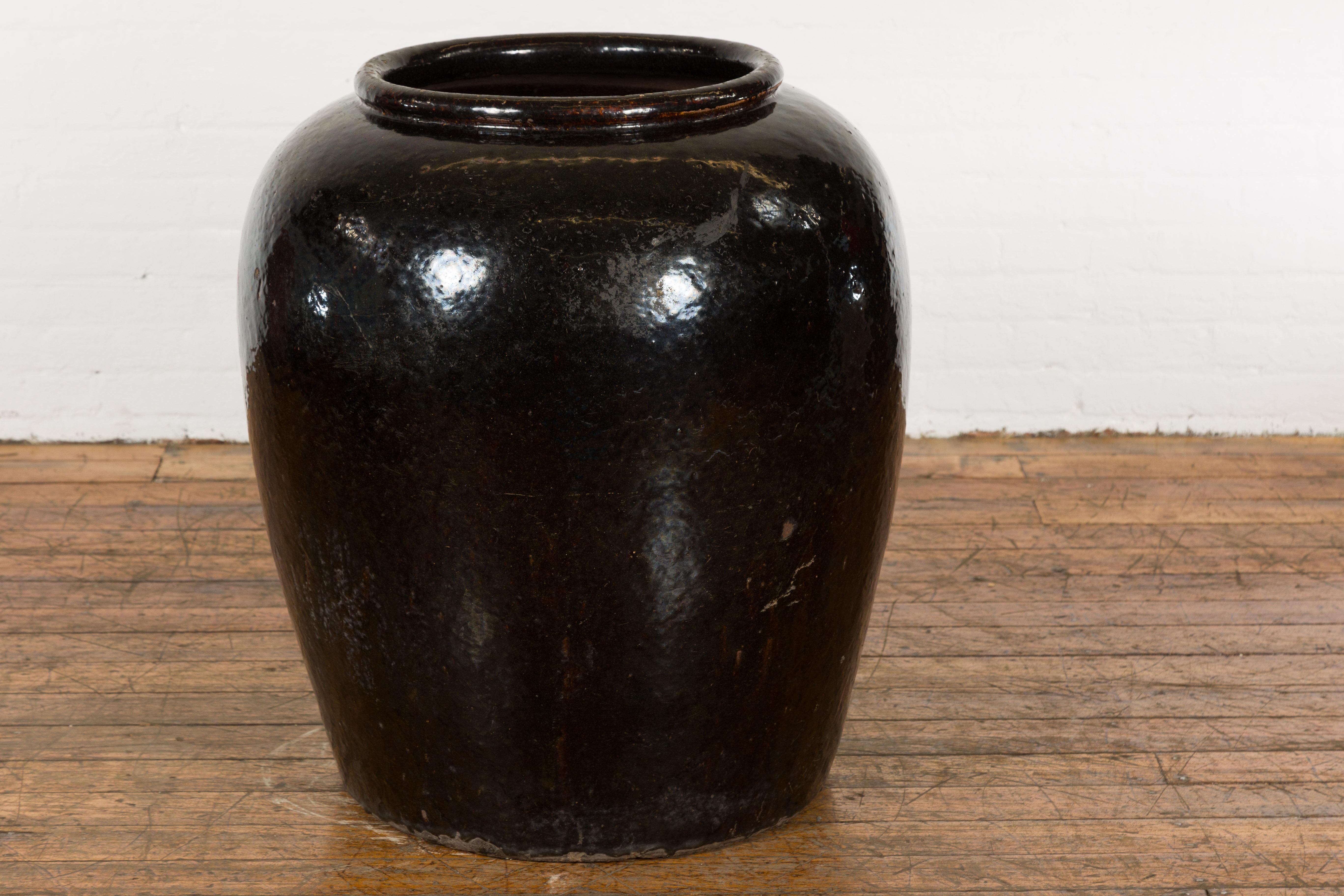 Vintage Oversized Thai Black Glazed Ceramic Planter with Brown Accents 4