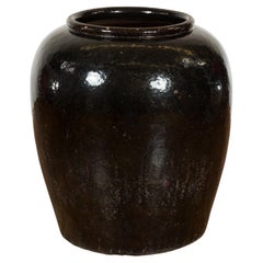 Fioriera vintage oversize in ceramica smaltata nera tailandese con accenti marroni