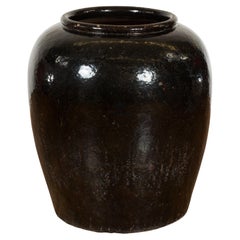 Retro Oversized Thai Black Glazed Ceramic Planter with Brown Accents