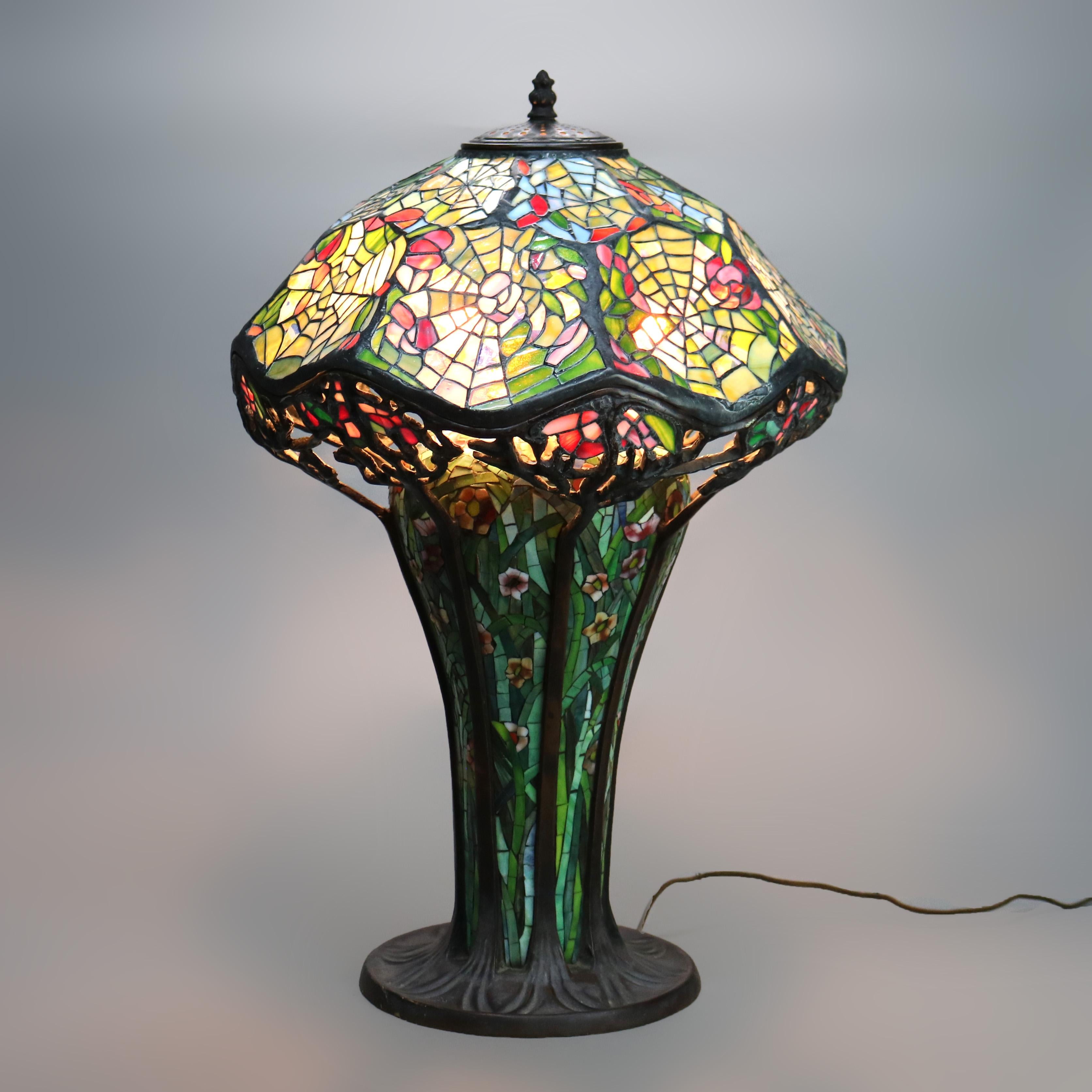 Arts and Crafts Vintage Oversized Tiffany Style Spiderweb Stained Glass Garden Table Lamp 20thC