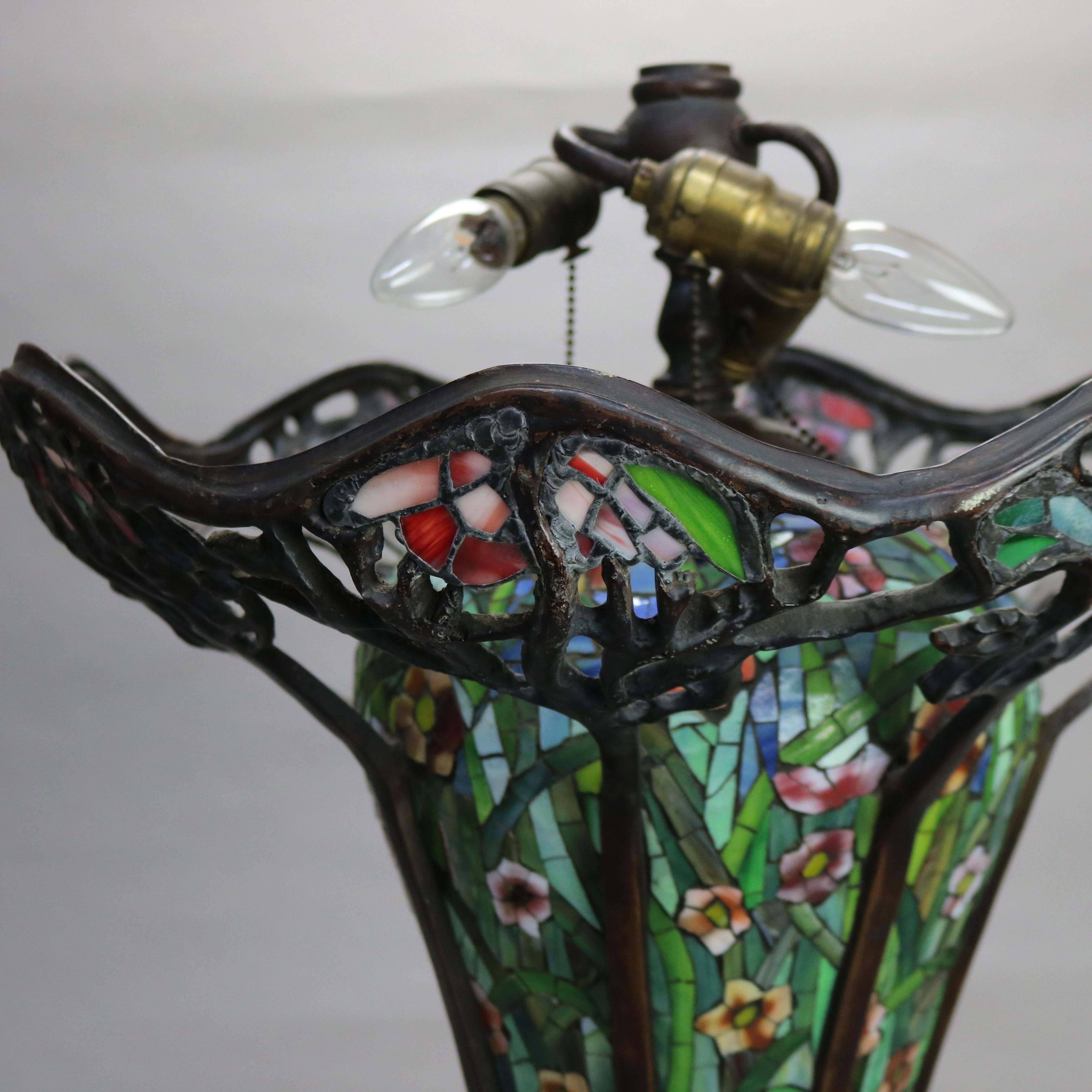 20th Century Vintage Oversized Tiffany Style Spiderweb Stained Glass Garden Table Lamp 20thC