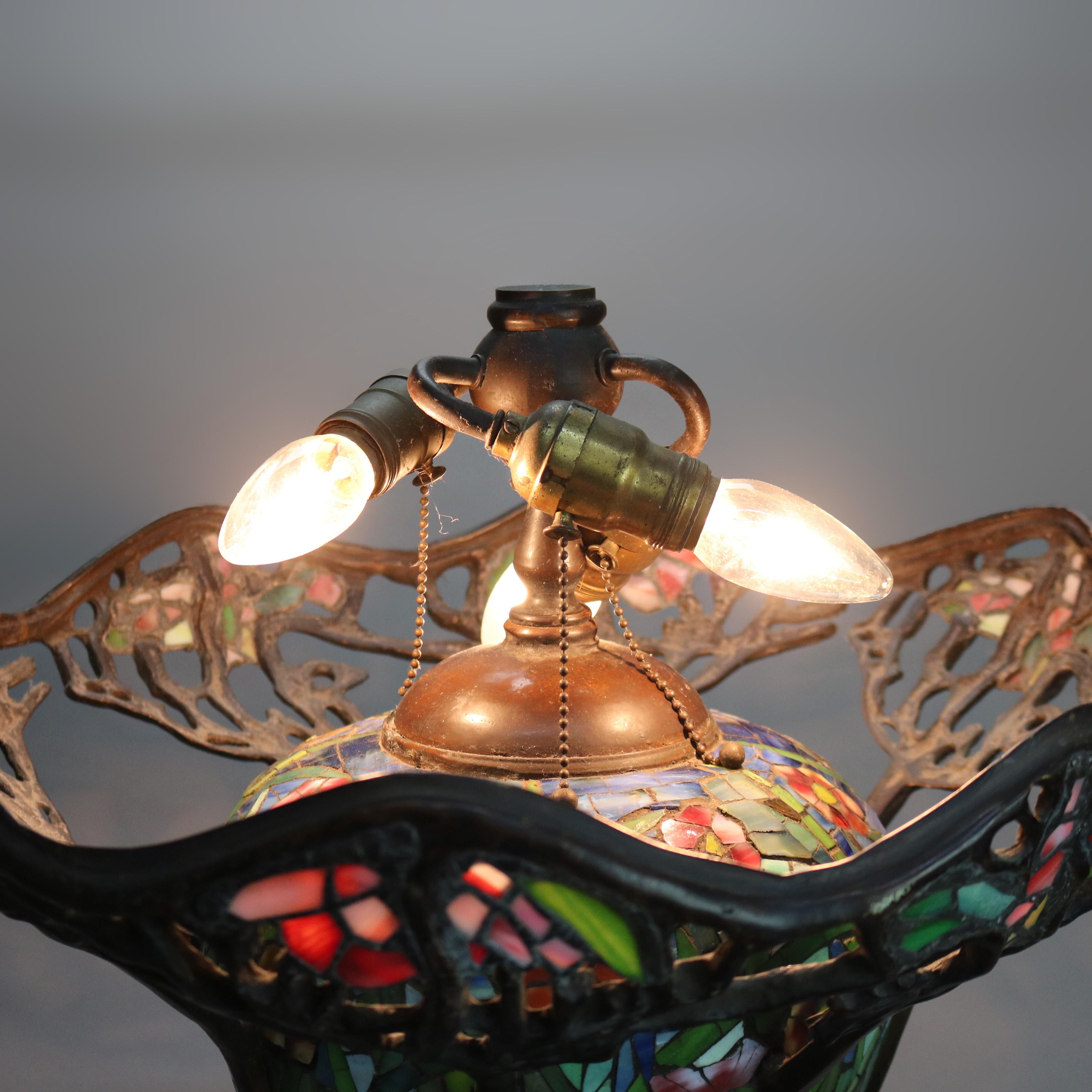 Vintage Oversized Tiffany Style Spiderweb Stained Glass Garden Table Lamp 20thC 2