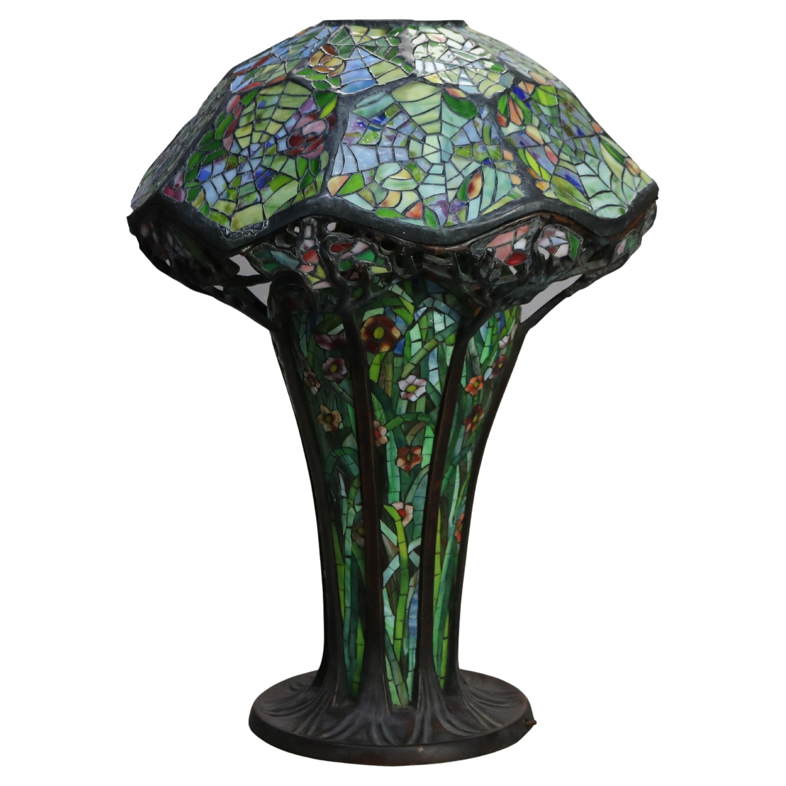Vintage Oversized Tiffany Style Spiderweb Stained Glass Garden Table Lamp 20thC
