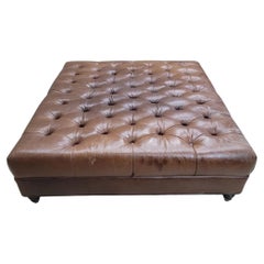 Vintage Oversized Tufted Distressed Leather Ottoman/Coffee Table On Turned Legs