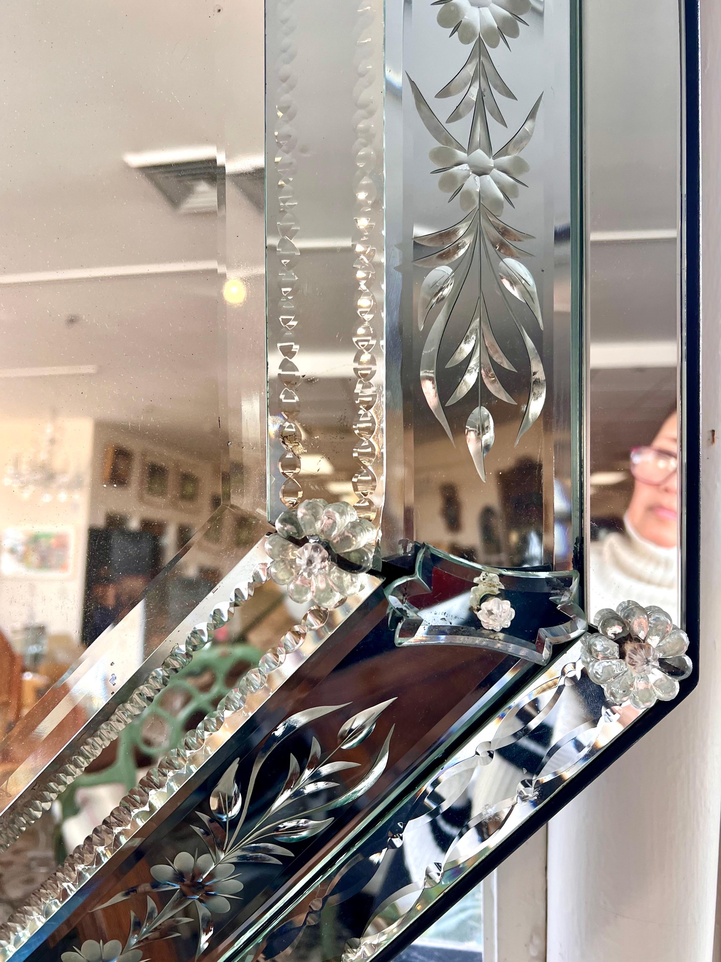 20th Century Vintage Oversized Venetian Etched Octagonal Mirror