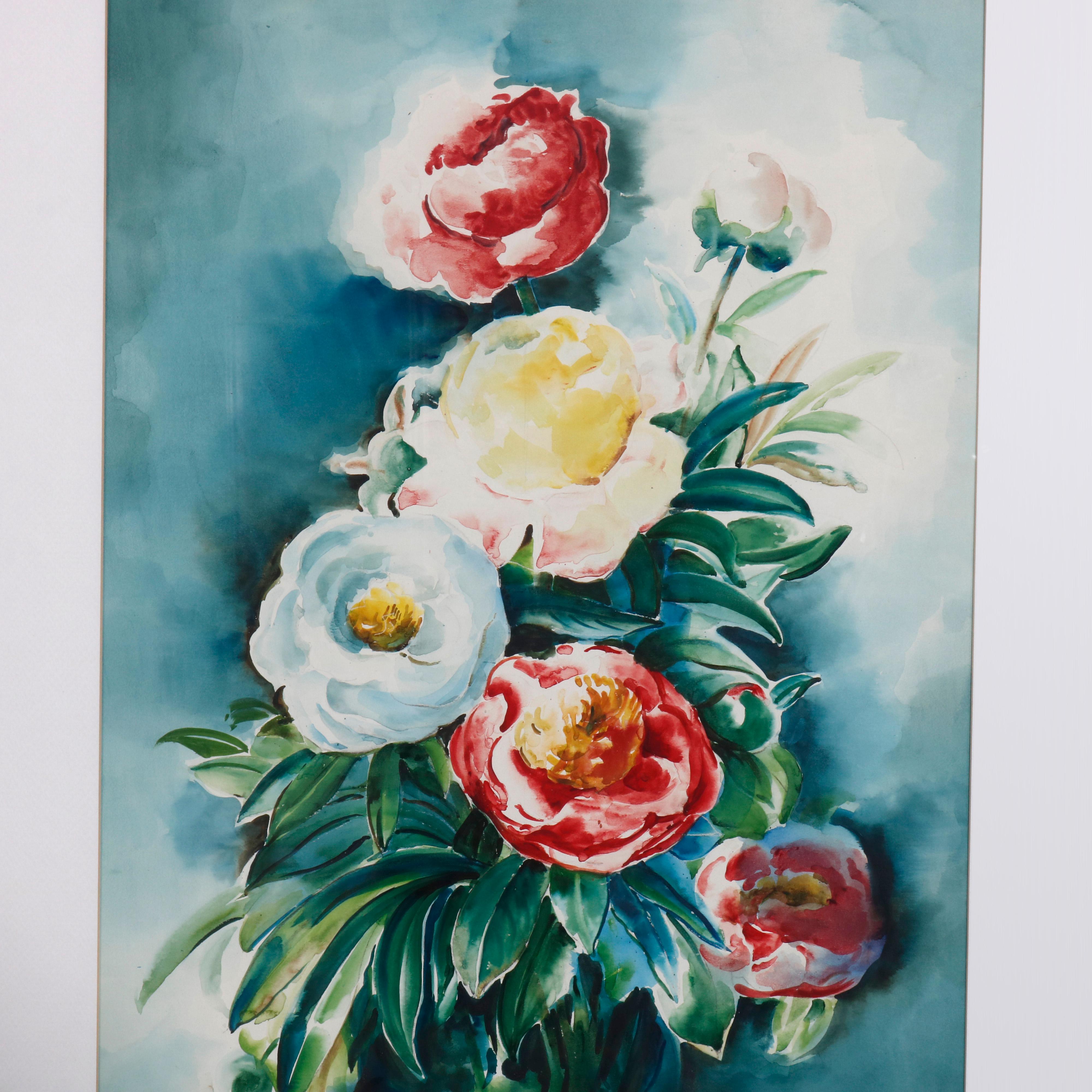 An oversized vintage floral still life painting depicts bouquet of garden flowers (possibly peonies), artist signed lower right, matted and framed, circa 1950

Measures: 39.25