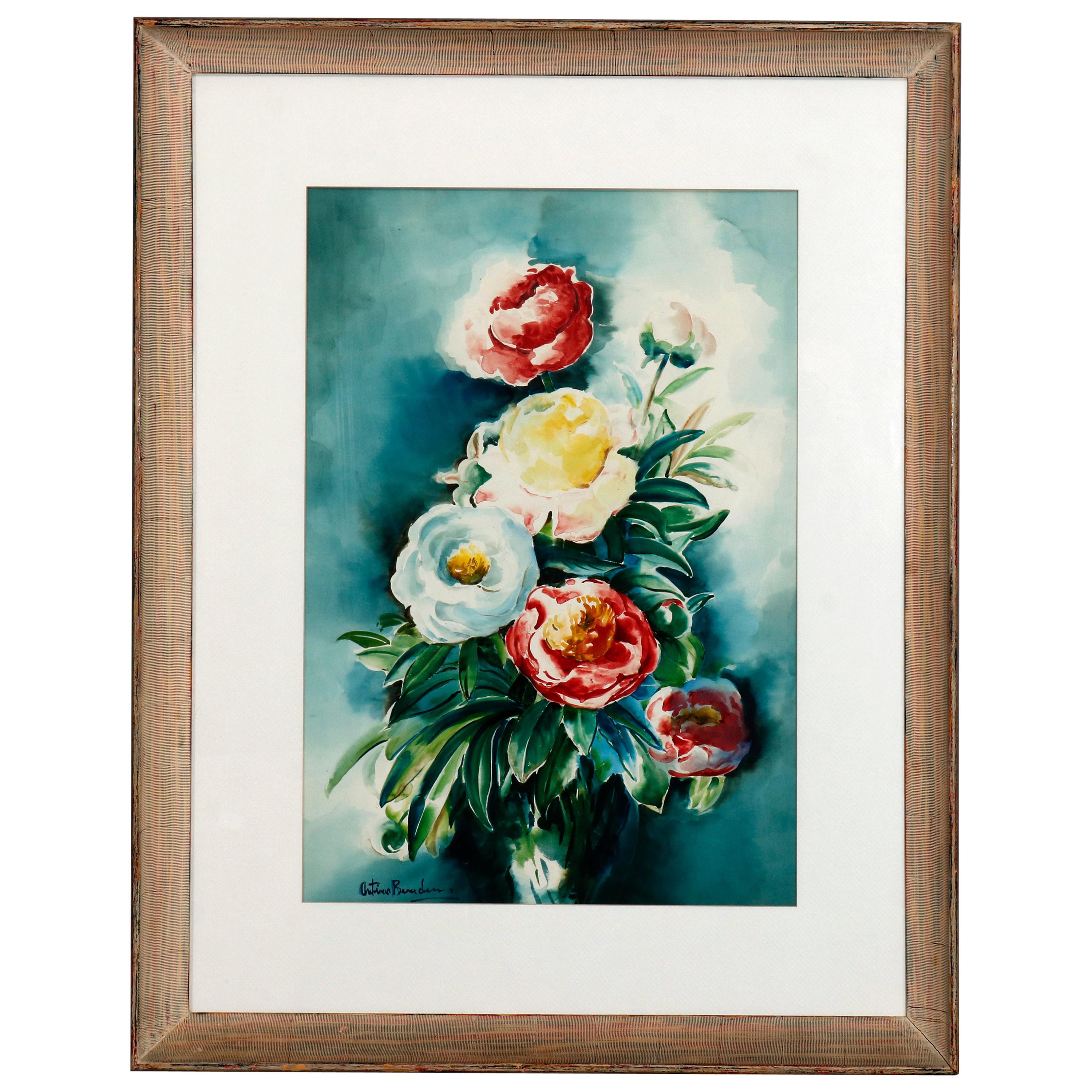 Vintage Oversized Watercolor Floral Still Life Painting Artist Signed circa 1950