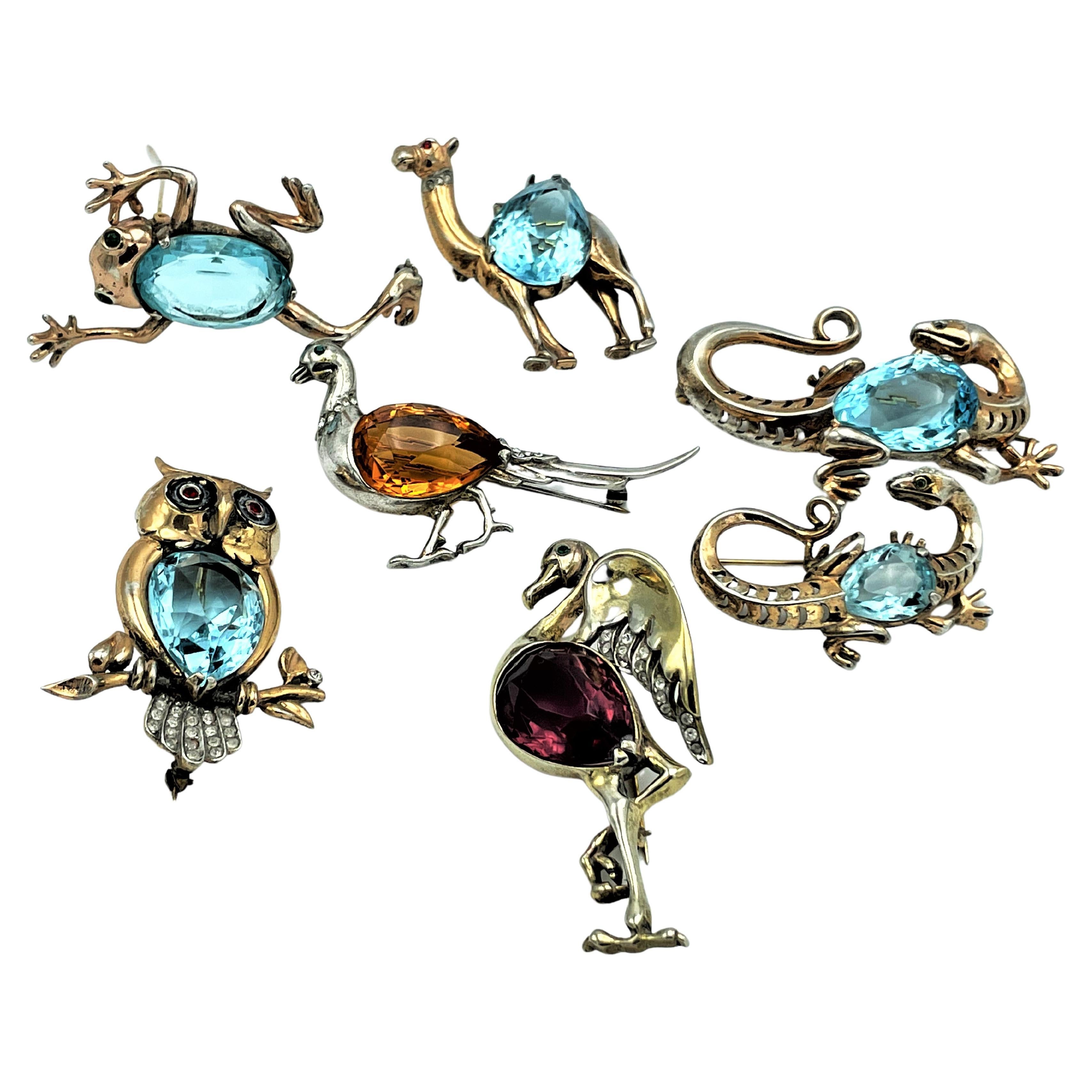 Women's or Men's Vintage Owl Brooch by RÉJA vermeil sterling silve, large rhinestne 1940 USA, For Sale