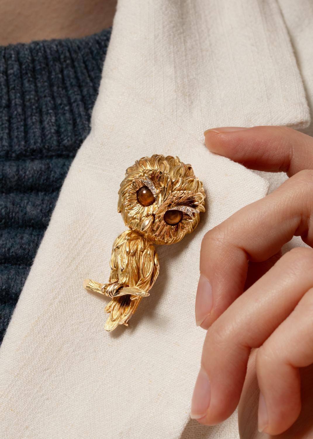 Vintage Owl Brooch, c.1975 In Good Condition For Sale In London, GB