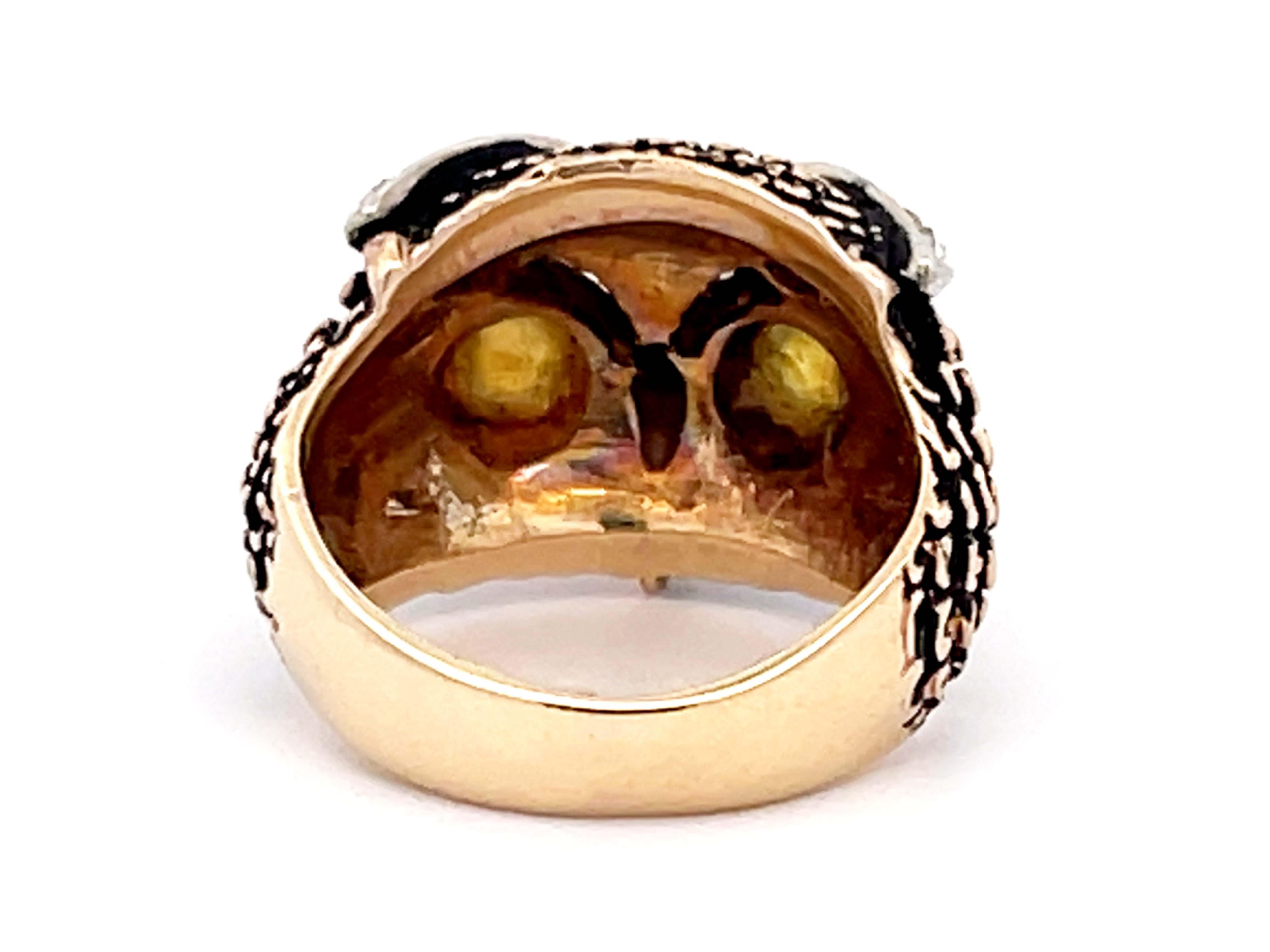 Women's or Men's Vintage Owl Cats Eye Chrysoberyl Diamond Enamel Ring 14K Yellow Gold For Sale