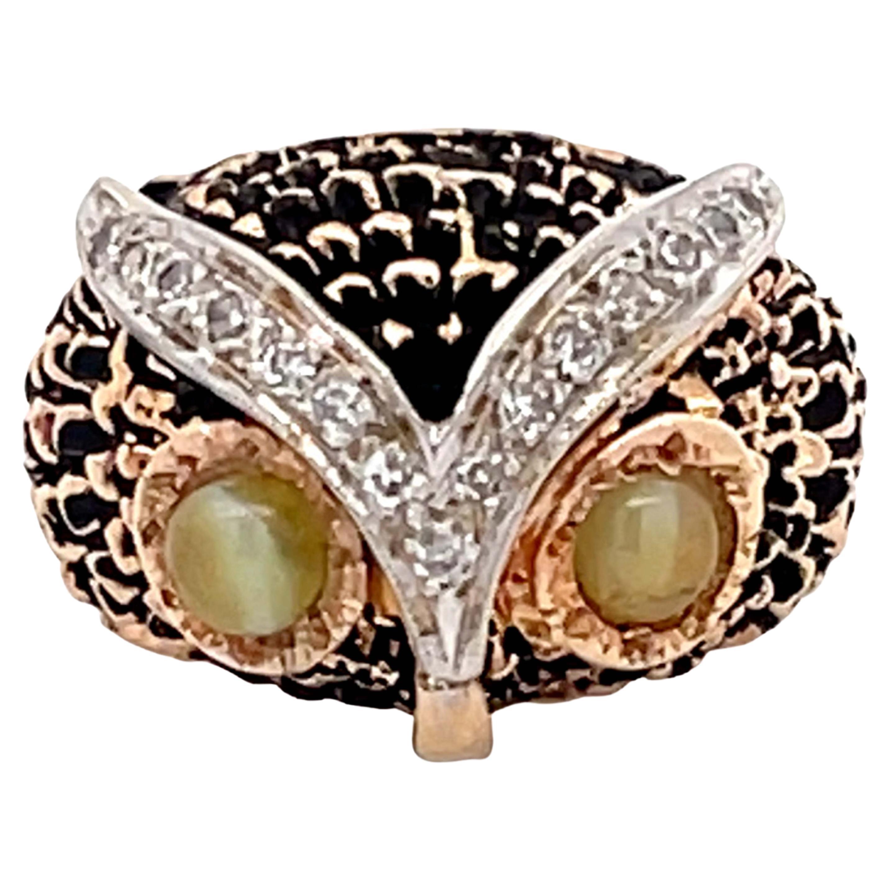 Vintage Owl Cats Eye Chrysoberyl Diamond Enamel Ring 14K Yellow Gold For Sale