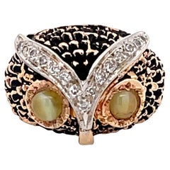 Vintage Owl Cats Eye Chrysoberyl Diamond Enamel Ring 14K Yellow Gold