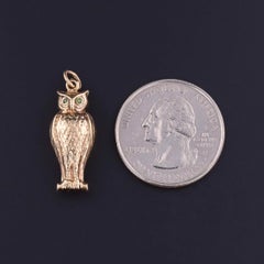 Vintage 9ct Gold Owl Charm Pendant with Epidote Eyes, Circa 1920