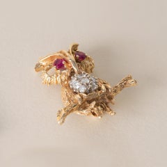 Vintage Owl Diamond and Ruby Eyes Brooch 14K Yellow Gold