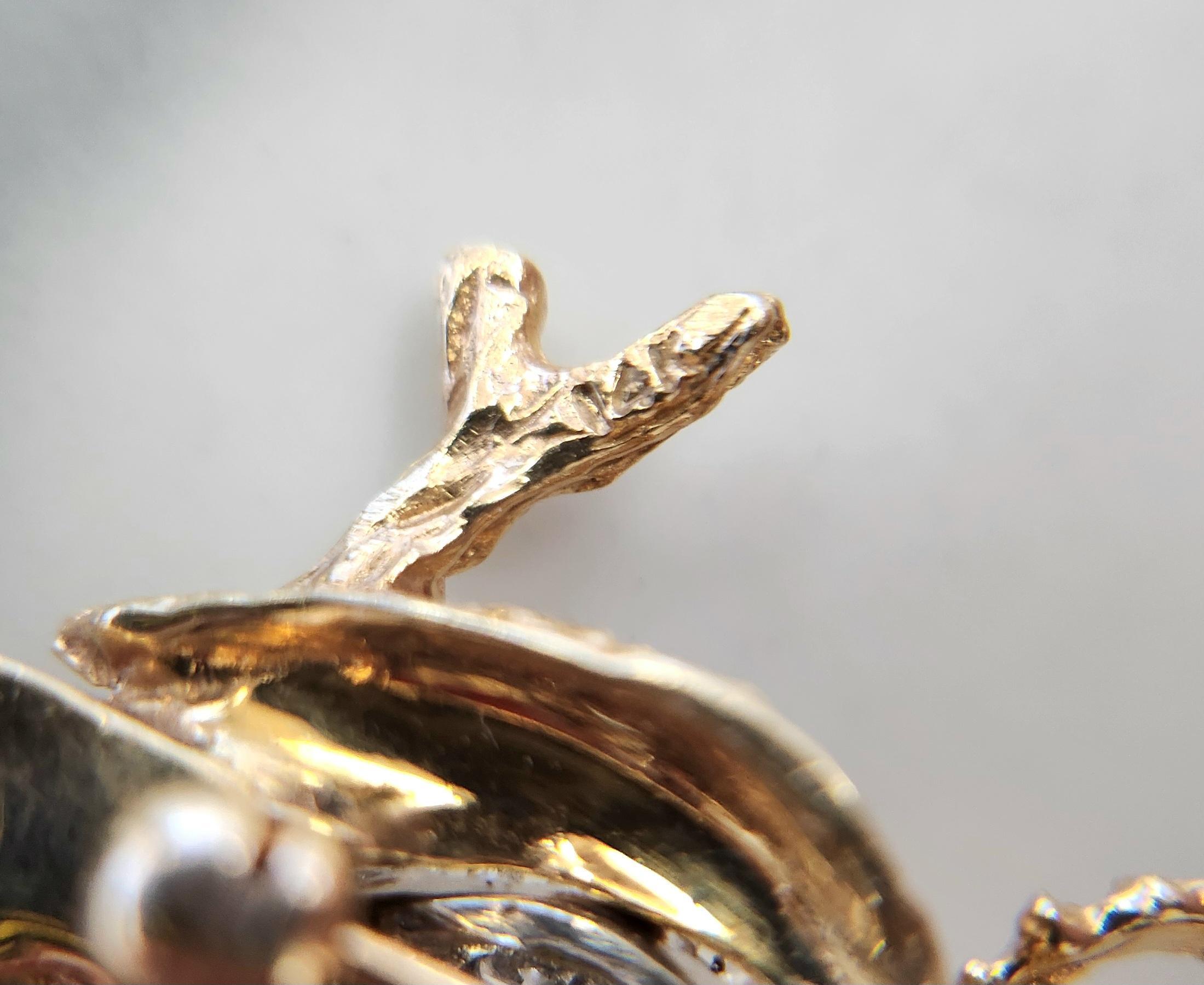 Broche Vintage Búho Ojos de Diamante y Rubí Oro Amarillo 14K en venta 1