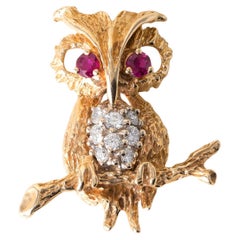 Vintage Owl Diamond and Ruby Eyes Brooch 14K Yellow Gold