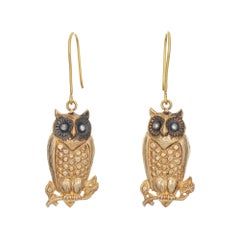 Vintage Owl Drop Earrings 14k Yellow Gold Diamond Eyes Estate Jewelry