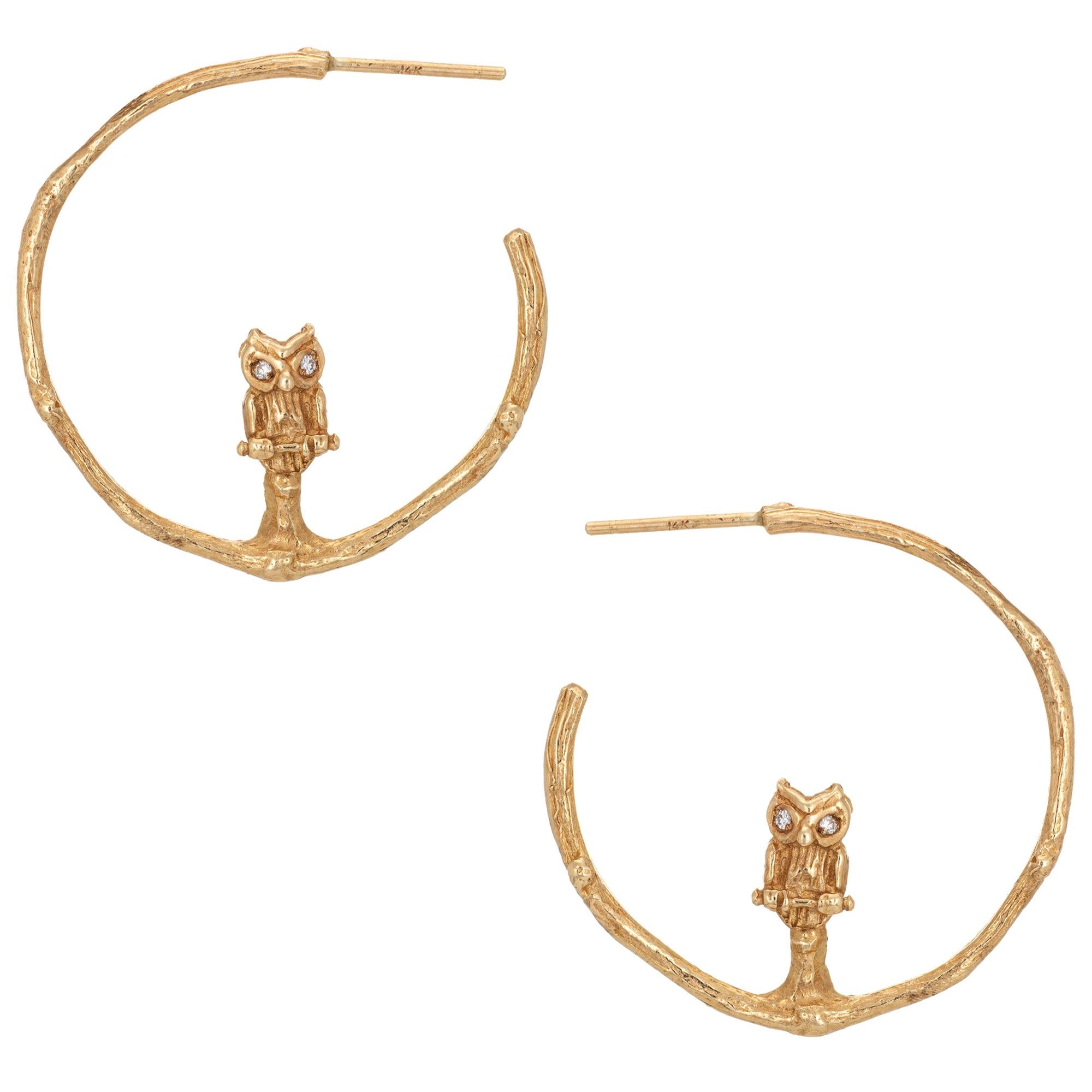 Vintage Owl Hoop Earrings 14 Karat Yellow Gold Diamond Eyes Estate Jewelry For Sale