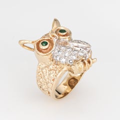 Vintage Owl on Branch Ring 14k Yellow Gold Diamond Emerald Eyes Jewelry Sz 6
