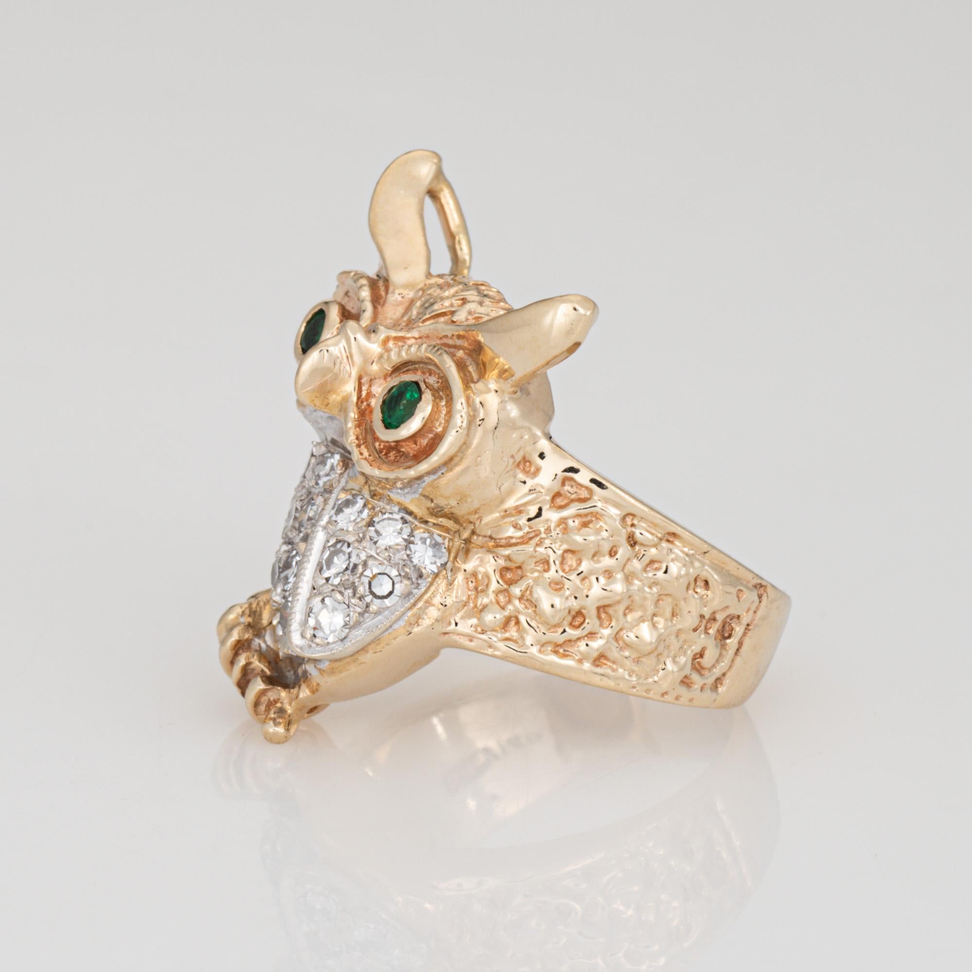 Vintage Owl on Branch Ring 14k Yellow Gold Diamond Emerald Eyes Jewelry Sz 6 Corte redondo en venta