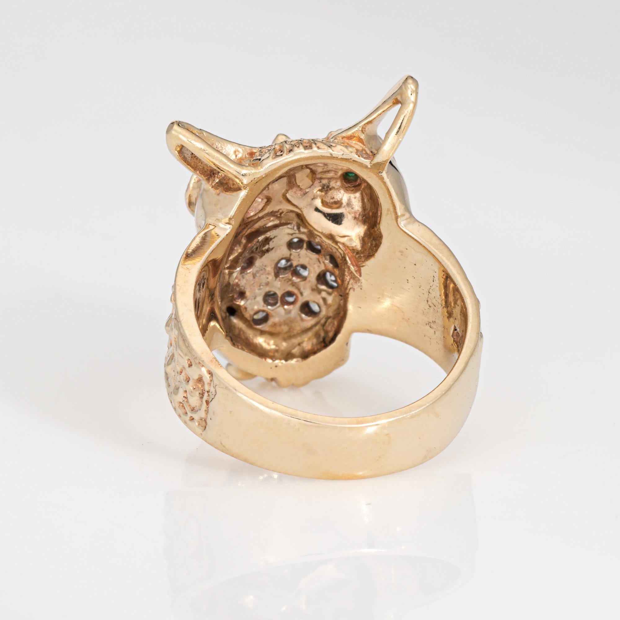 Vintage Owl on Branch Ring 14k Yellow Gold Diamond Emerald Eyes Jewelry Sz 6 en Bueno estado para la venta en Torrance, CA