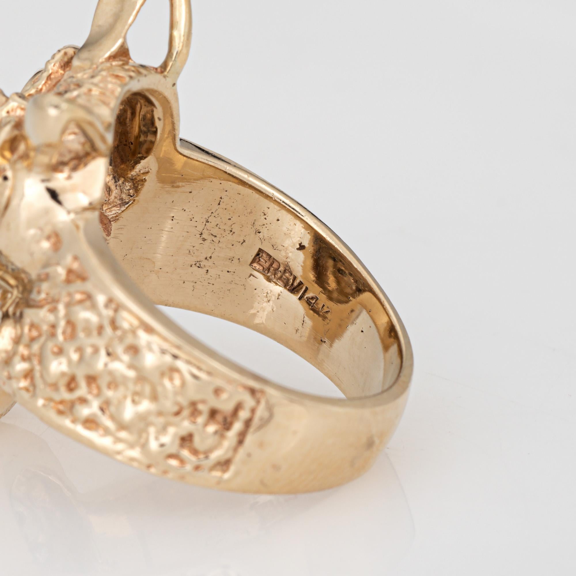 Vintage Owl on Branch Ring 14k Yellow Gold Diamond Emerald Eyes Jewelry Sz 6 en venta 1