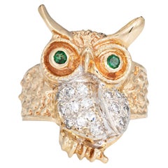 Vintage Owl on Branch Ring 14k Yellow Gold Diamond Emerald Eyes Jewelry Sz 6