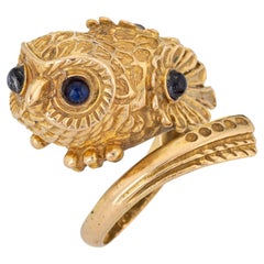 Vintage Owl Ring 18k Yellow Gold Cabochon Sapphire Eyes Fine Jewelry