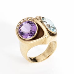 Vintage Owl Ring Amethyst Blue Topaz Diamond 14k Yellow Gold Sz 6 Wide Band