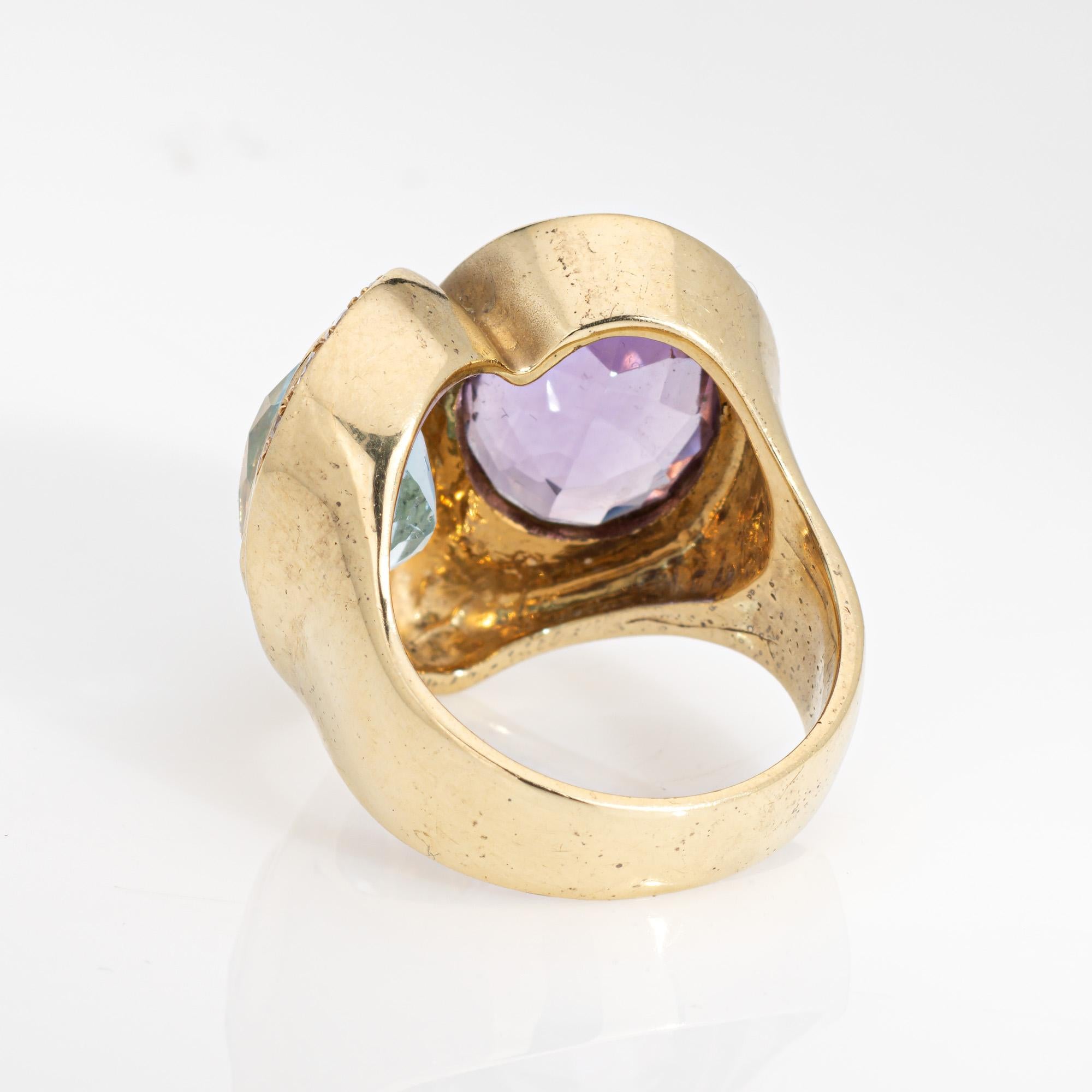 Vintage Owl Ring Amethyst Blue Topaz Diamond 14k Yellow Gold Sz 6 Wide Band In Good Condition For Sale In Torrance, CA