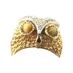 Vintage Owl Ring with Tiger's Eyes and Diamond 14K Yellow Gold