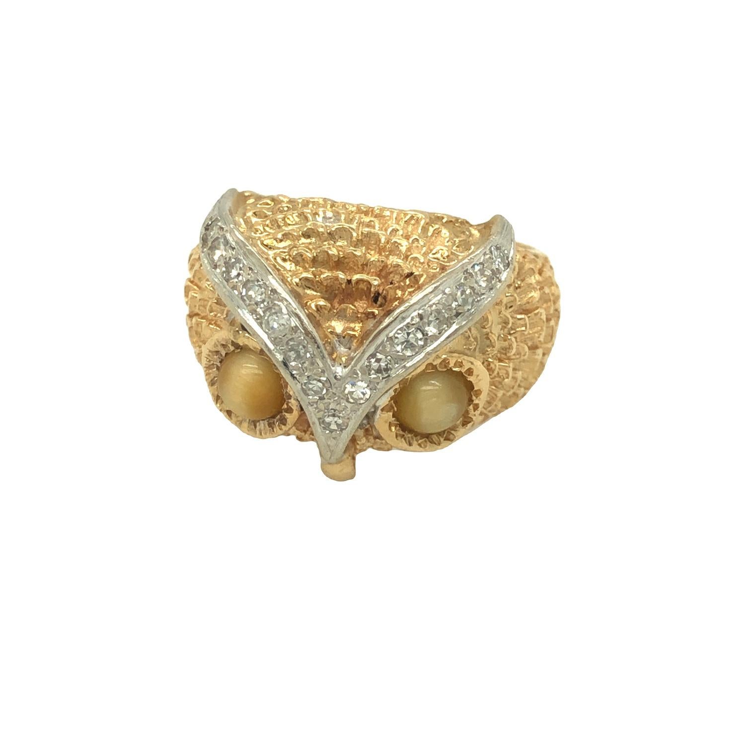 14 Karat Gelbgold Eulenring mit Tigeraugen und Diamant (Cabochon)