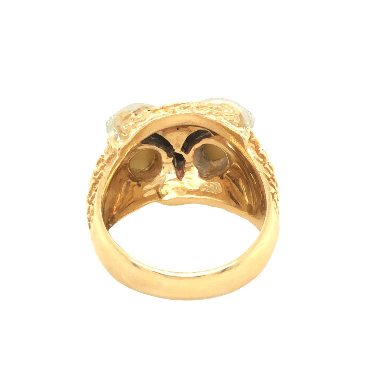 Cabochon Vintage Owl Ring with Tiger's Eyes and Diamond 14K Yellow Gold