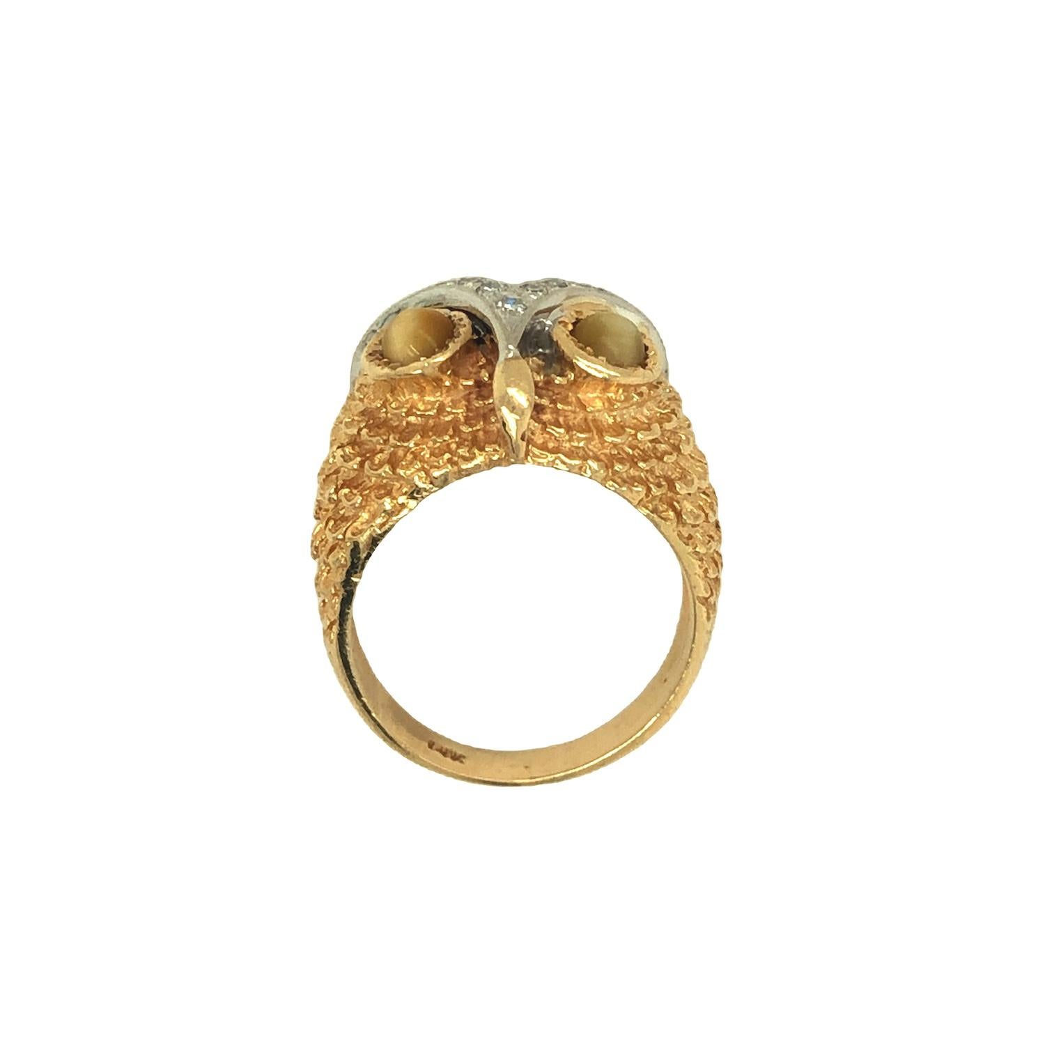 Women's or Men's Vintage Owl Ring with Tiger's Eyes and Diamond 14K Yellow Gold