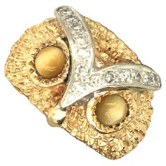 14 Karat Gelbgold Eulenring mit Tigeraugen und Diamant